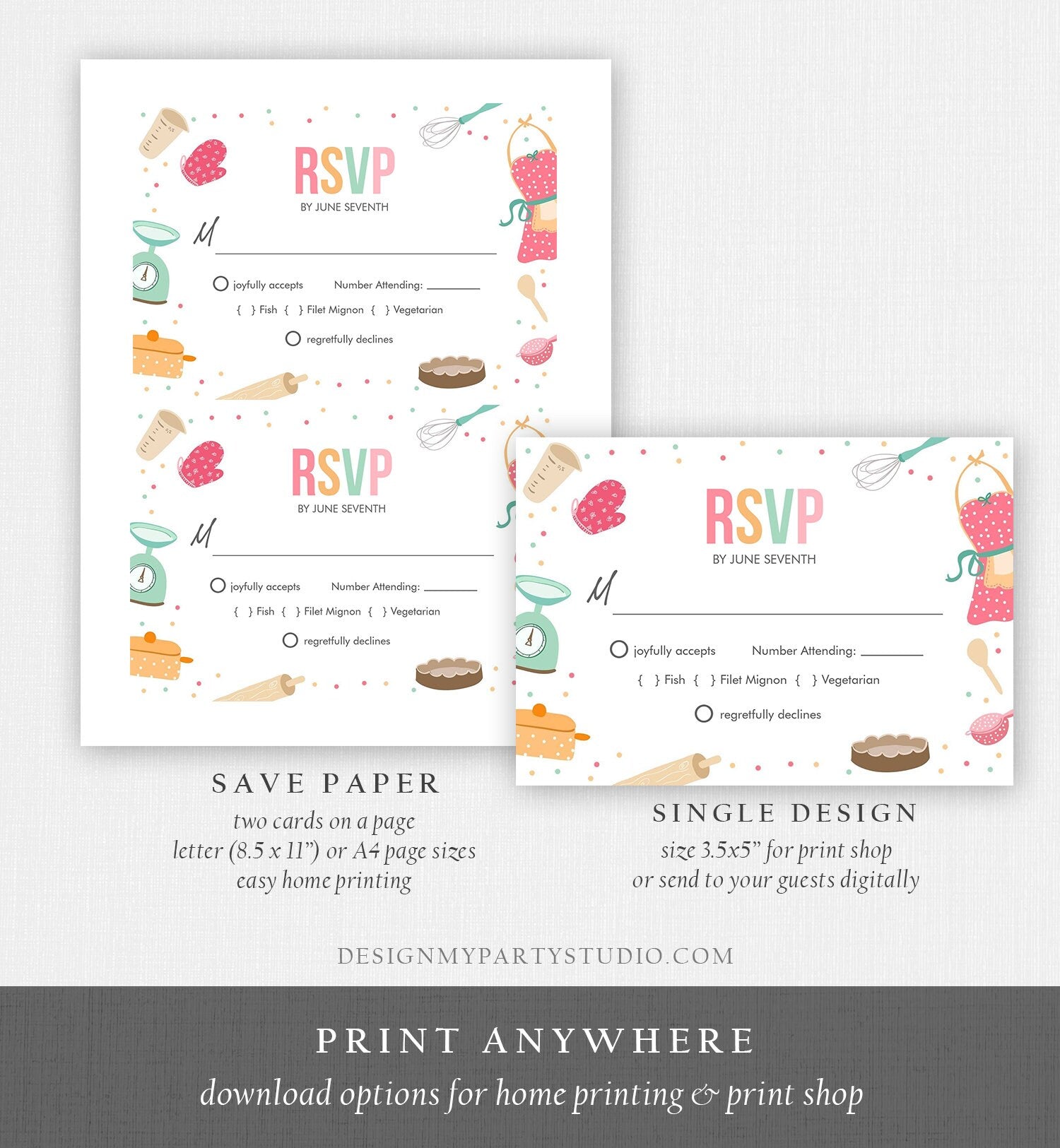 Editable RSVP Card Kitchen Bridal Shower Response Card Kindly Reply Cooking Birthday Chef Download Printable RSVP Card Template Corjl 0219