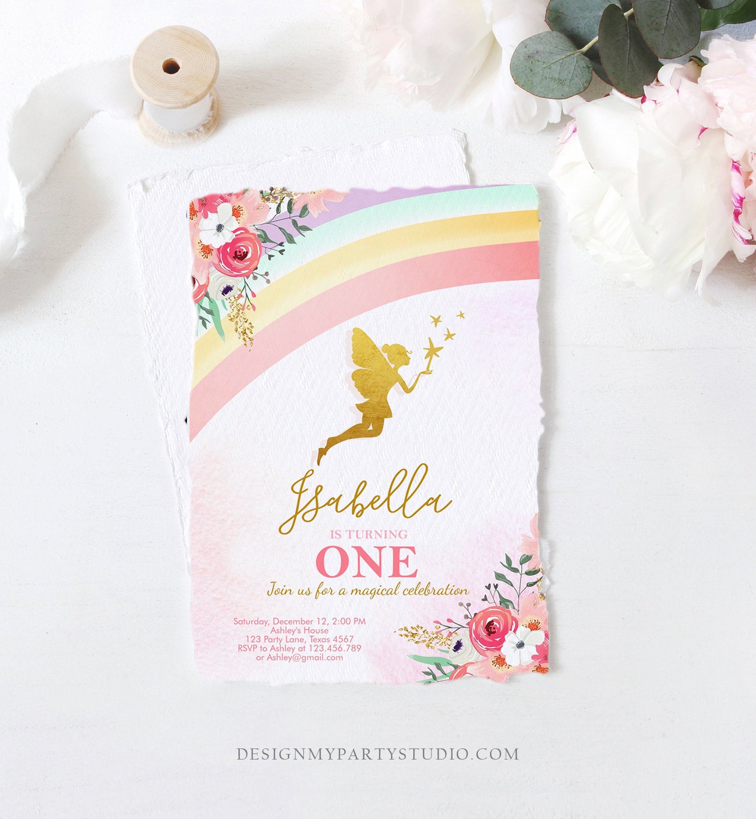 Editable Fairy Birthday invitation Rainbow Fairy Invite Fairy Party Girl Pink Gold Floral Download Printable Invitation Template Corjl 0208