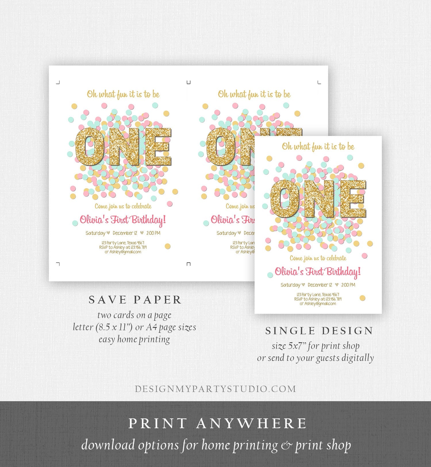 Editable Birthday Invitation ANY AGE Girl Birthday Invite Pink Mint Gold Confetti 1st Birthday 2nd First Download Printable Template Corjl