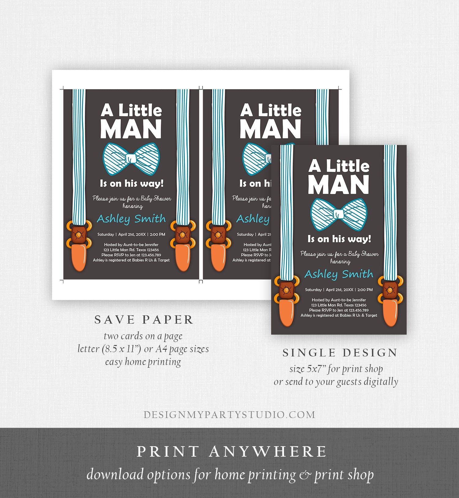 Editable Baby Shower Invitation Boy Little Man Baby Shower Bow Tie Blue Brown Instant Download Printable Template Corjl Digital 0063