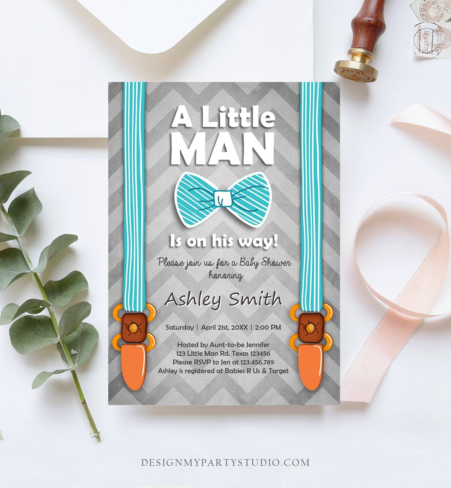 Editable Baby Shower Invitation Boy Little Man Baby Shower Bow Tie Blue Grey Modern Instant Download Printable Template Corjl Digital 0063