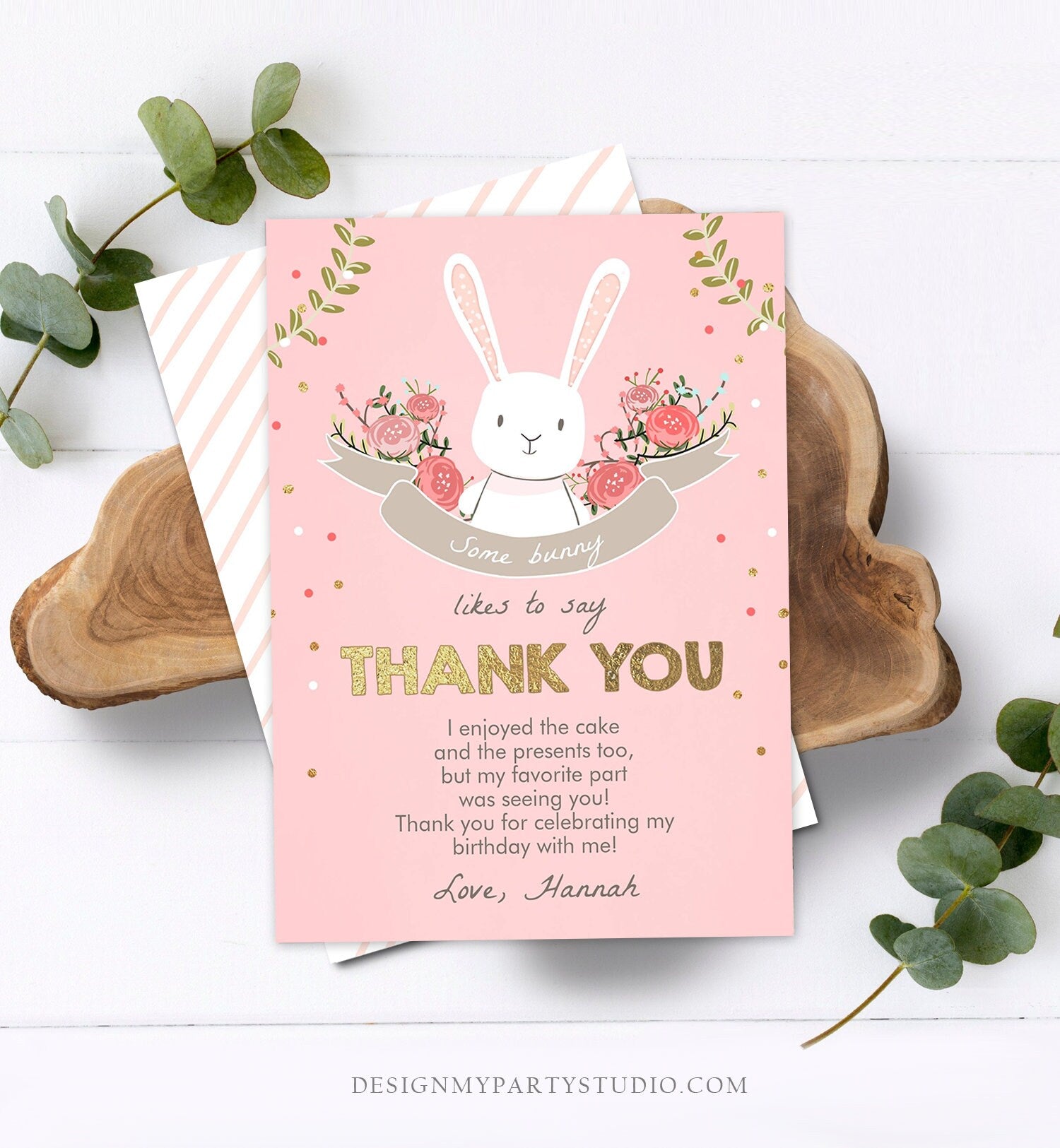 Editable Bunny Thank You Card Some Bunny Birthday Thank you Note Pink Gold Baby Shower Spring Download Printable Template Corjl Digital 0104