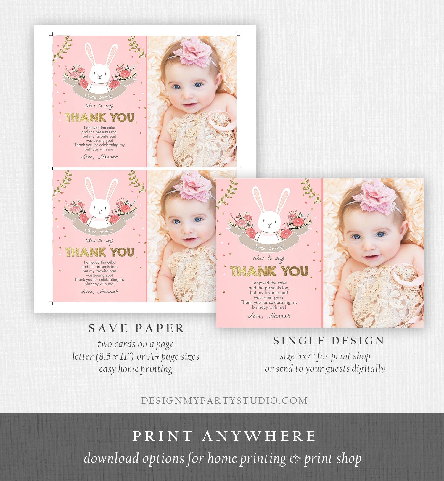 Editable Bunny Thank You Card Some Bunny Birthday Thank you Note Pink Gold Baby Shower Spring Download Printable Template Corjl Digital 0104