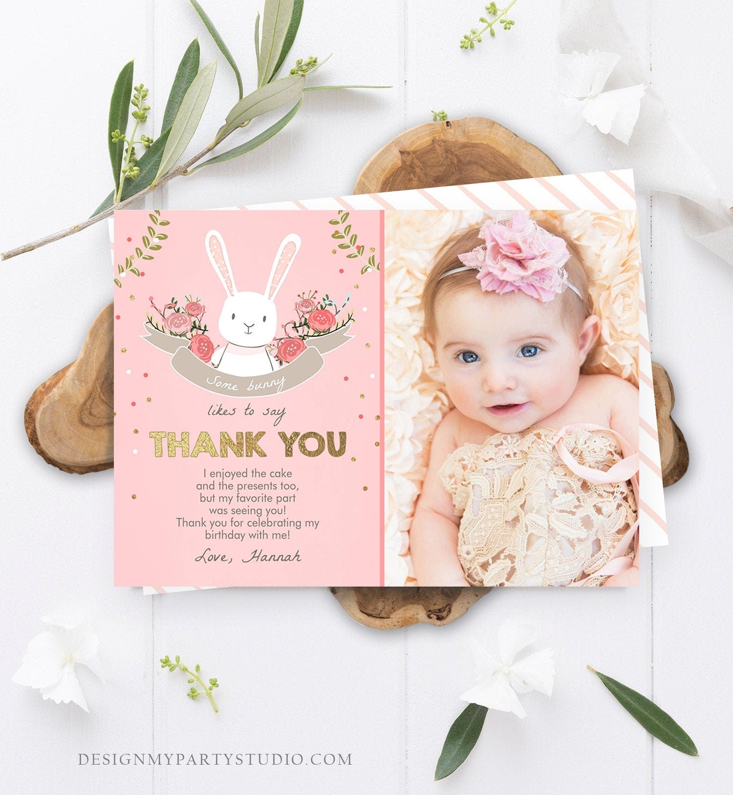 Editable Bunny Thank You Card Some Bunny Birthday Thank you Note Pink Gold Baby Shower Spring Download Printable Template Corjl Digital 0104