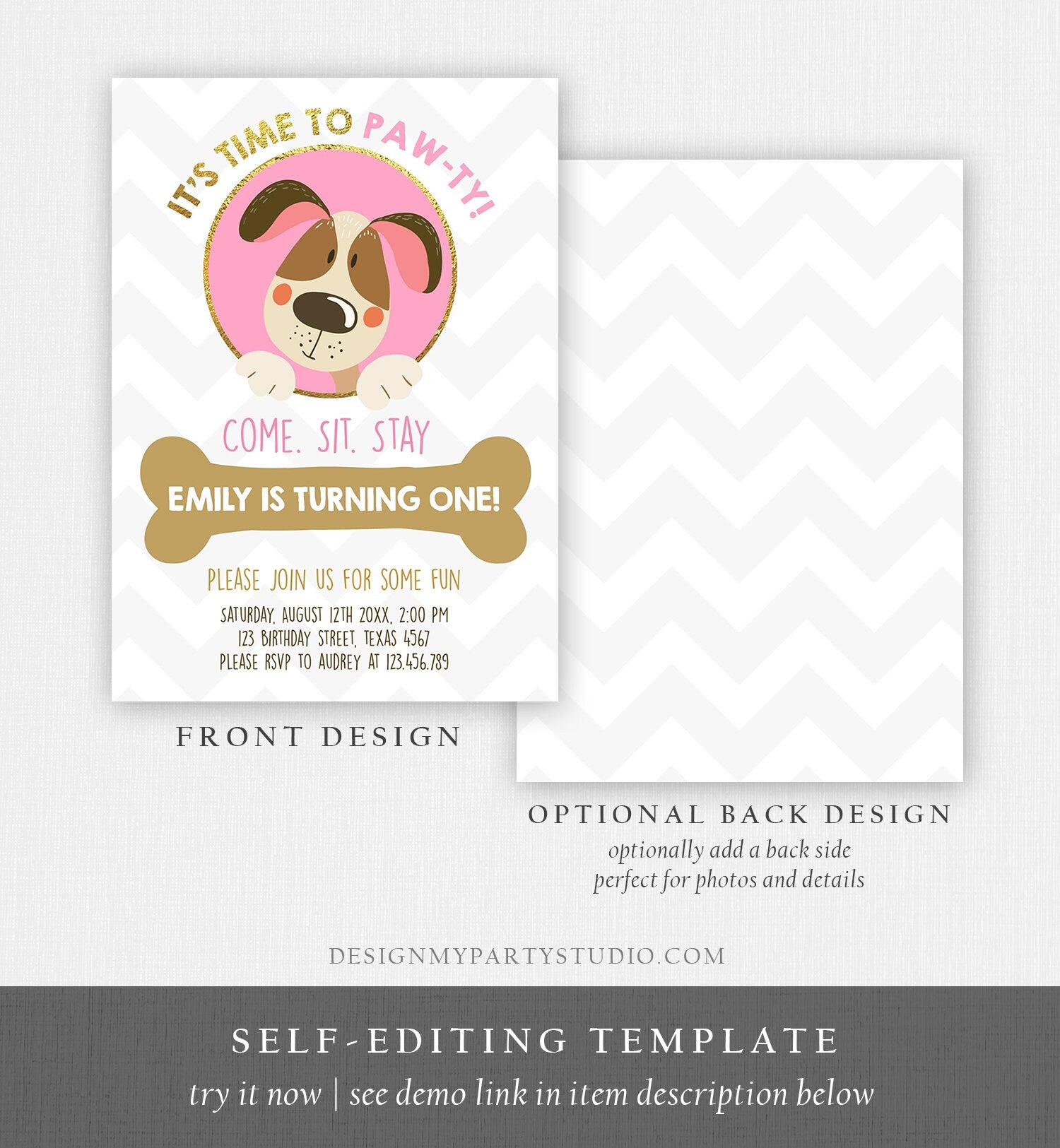 Editable Dog Invitation Dog Party Puppy Party Invite Dog Birthday paw-ty Invite Pink Girl Dog Theme Download Printable Template Corjl 0048