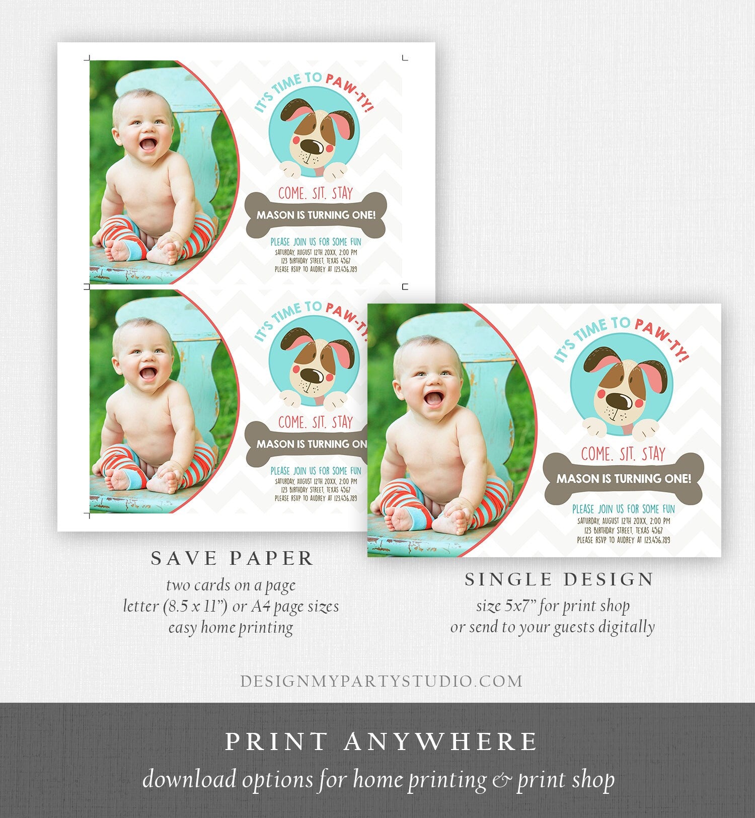 Editable Dog Invitation Dog Party Puppy Party Invite Dog Birthday paw-ty Invite Blue Boy Dog Theme Download Printable Template Corjl 0048