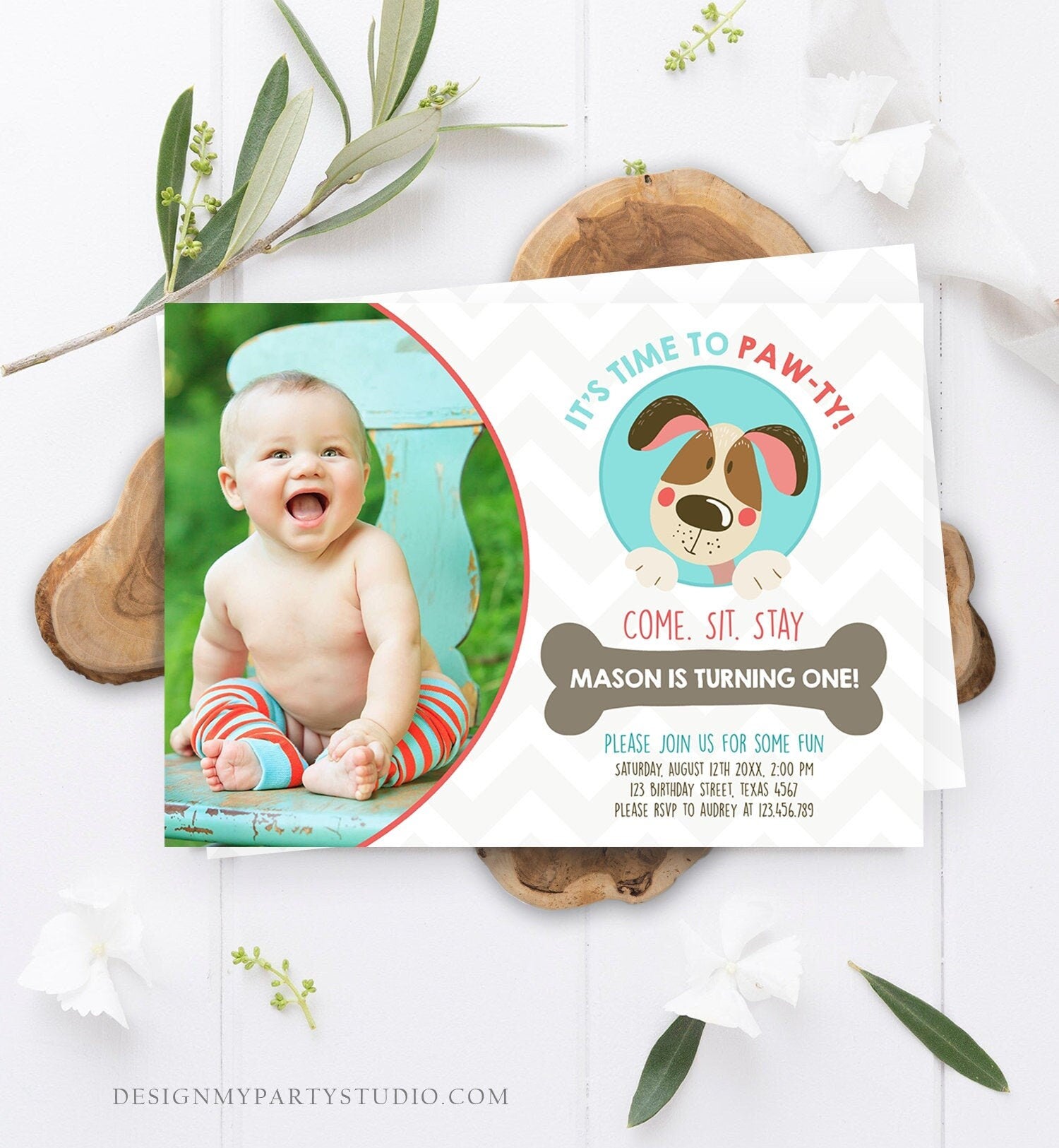 Editable Dog Invitation Dog Party Puppy Party Invite Dog Birthday paw-ty Invite Blue Boy Dog Theme Download Printable Template Corjl 0048