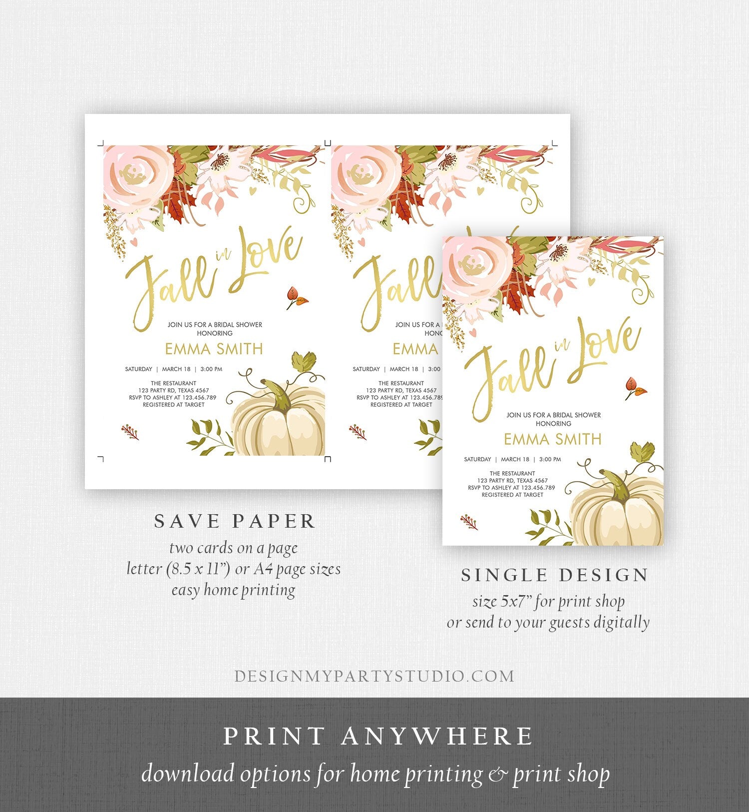 Editable Fall in Love Bridal Shower Invitation Pumpkin Autumn Floral Flowers Pink Gold Rustic Party Engagement Wedding Corjl Template 0176