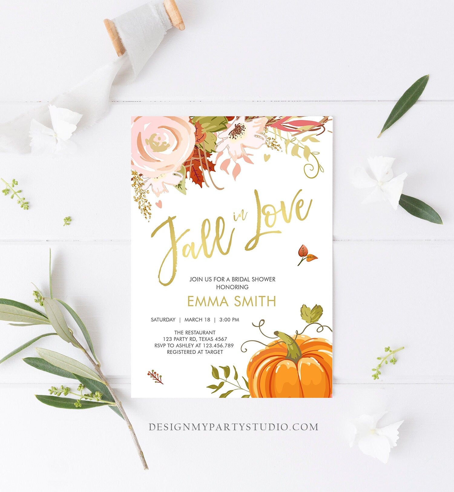 Editable Fall in Love Bridal Shower Invitation Pumpkin Autumn Floral Flowers Pink Gold Rustic Party Engagement Wedding Corjl Template 0176