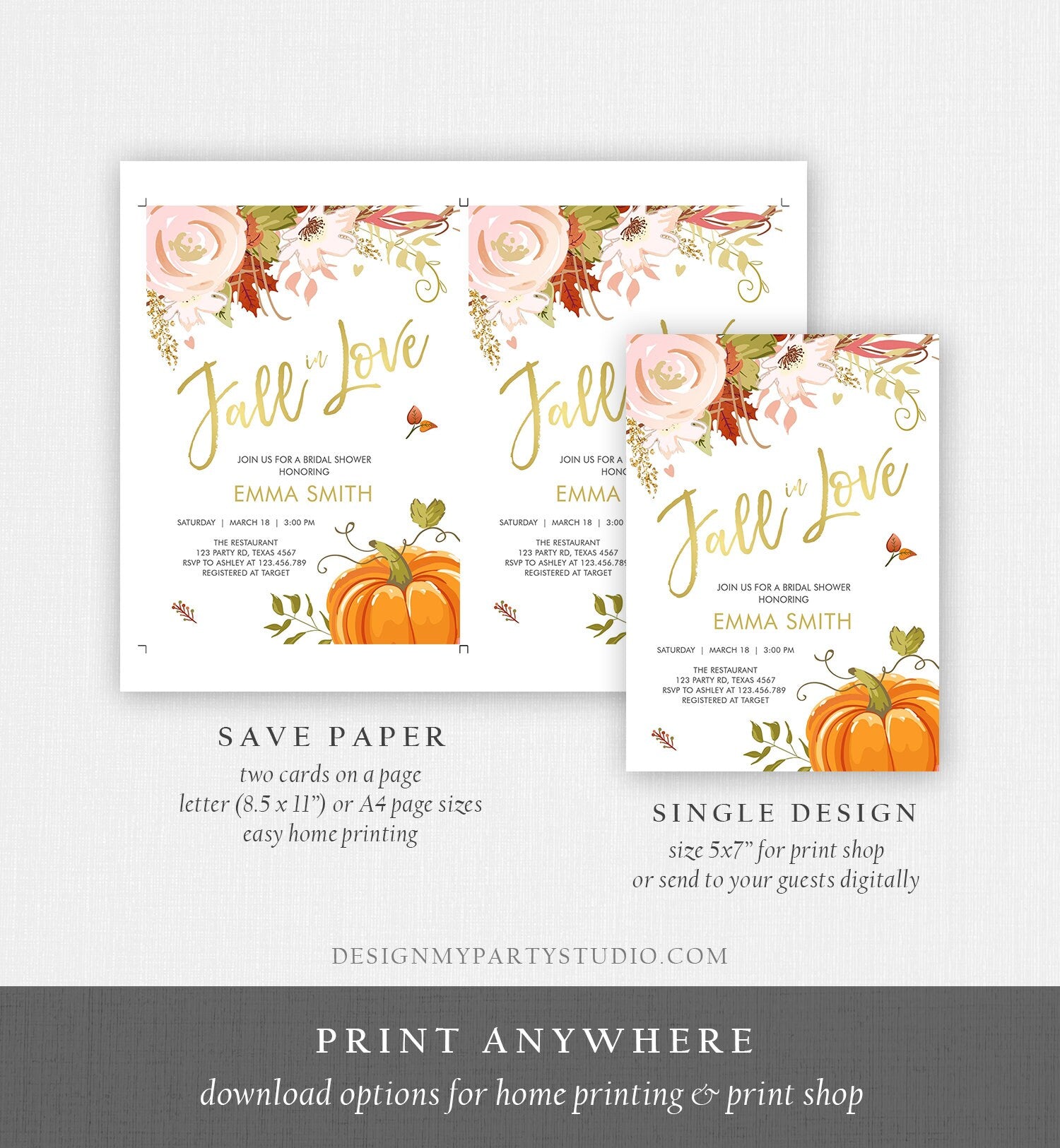 Editable Fall in Love Bridal Shower Invitation Pumpkin Autumn Floral Flowers Pink Gold Rustic Party Engagement Wedding Corjl Template 0176