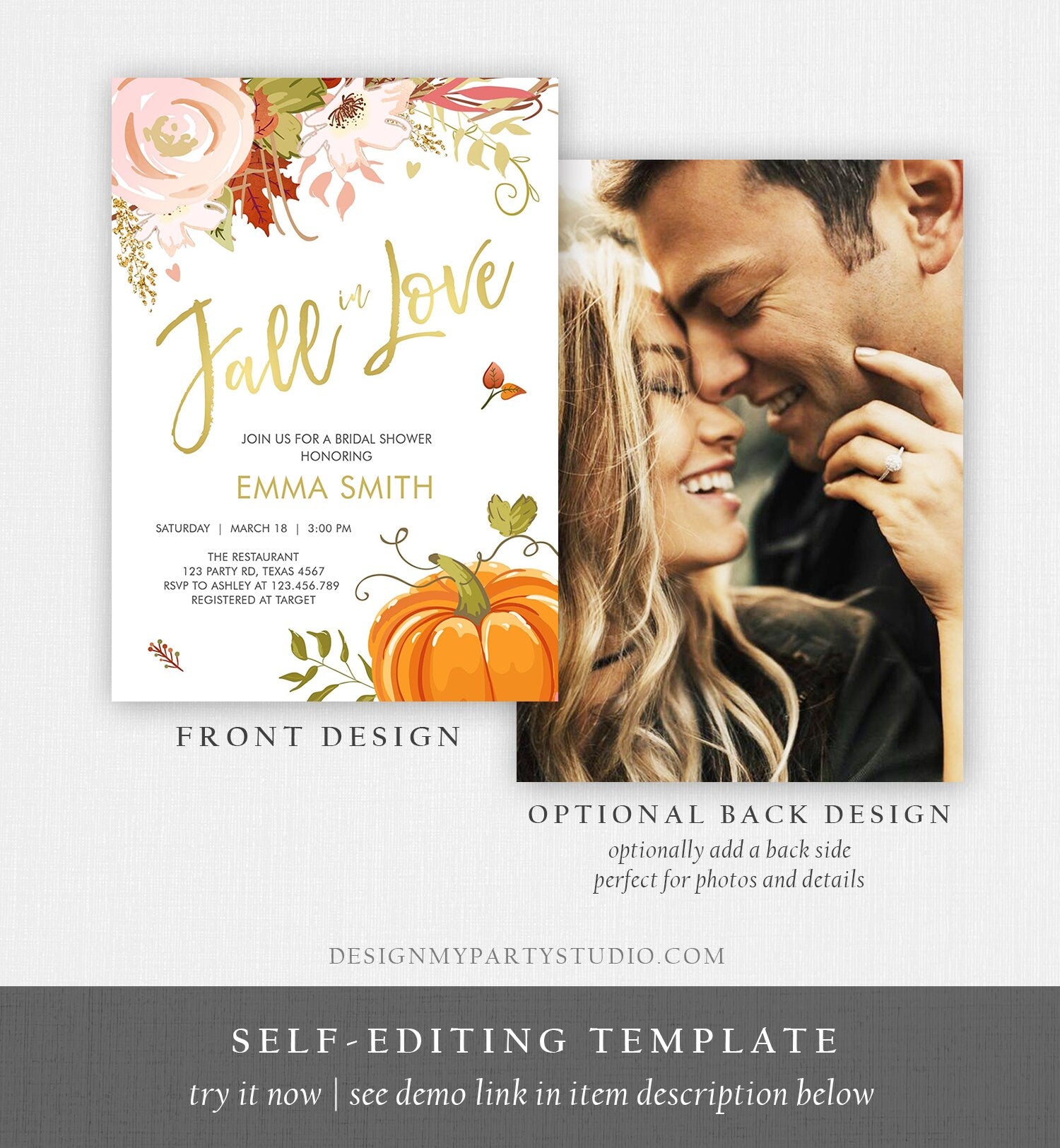 Editable Fall in Love Bridal Shower Invitation Pumpkin Autumn Floral Flowers Pink Gold Rustic Party Engagement Wedding Corjl Template 0176