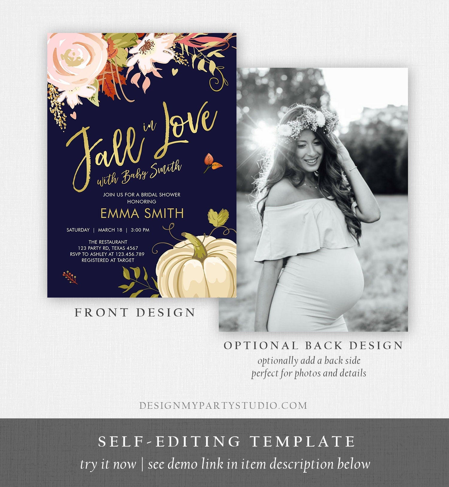 Editable Fall in Love Baby Shower Invitation Pumpkin Autumn Floral Flowers Pink Gold Rustic Party Sprinkle Coed Navy Corjl Template 0176