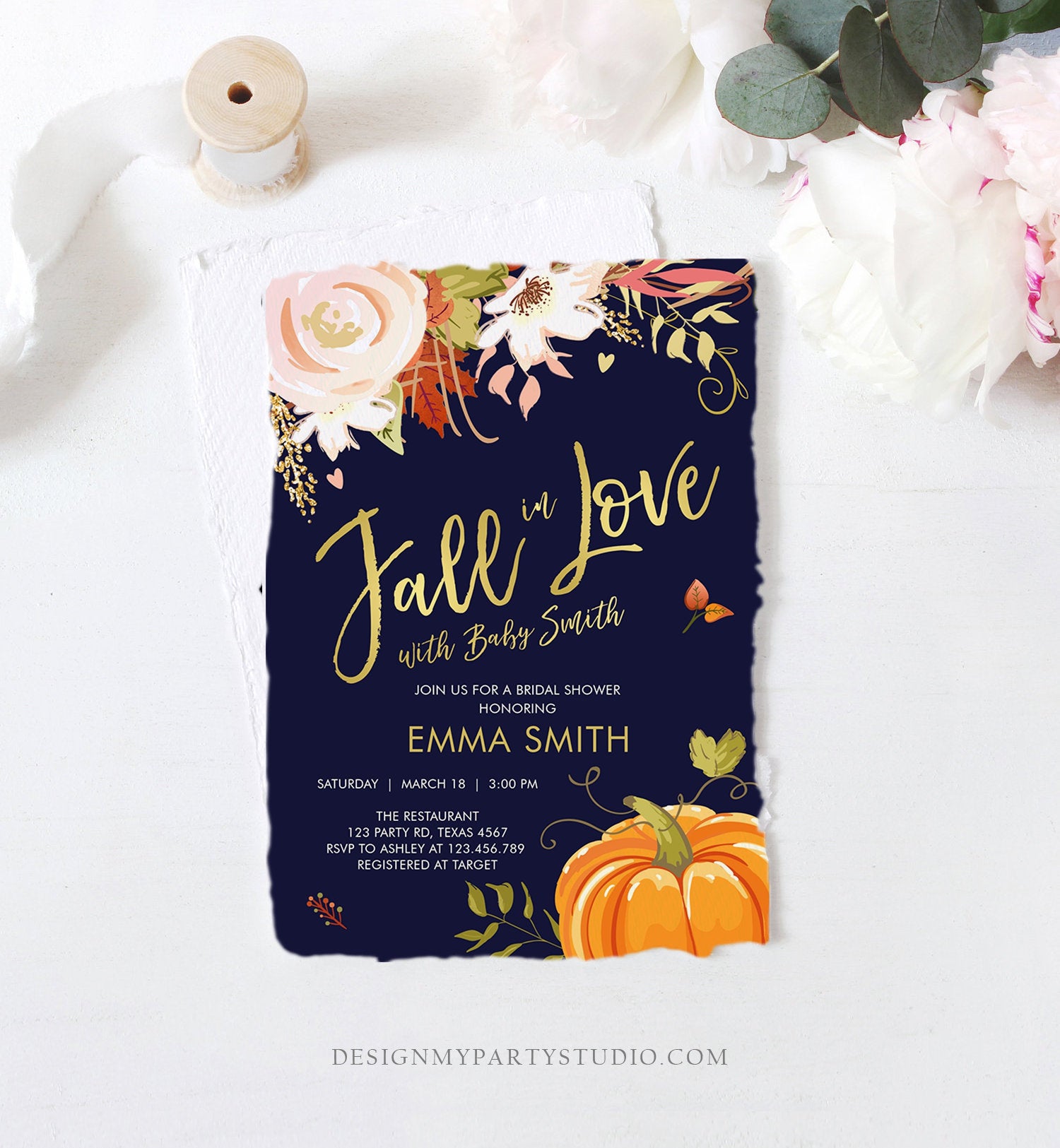 Editable Fall in Love Baby Shower Invitation Pumpkin Autumn Floral Flowers Pink Gold Rustic Party Sprinkle Coed Navy Corjl Template 0176