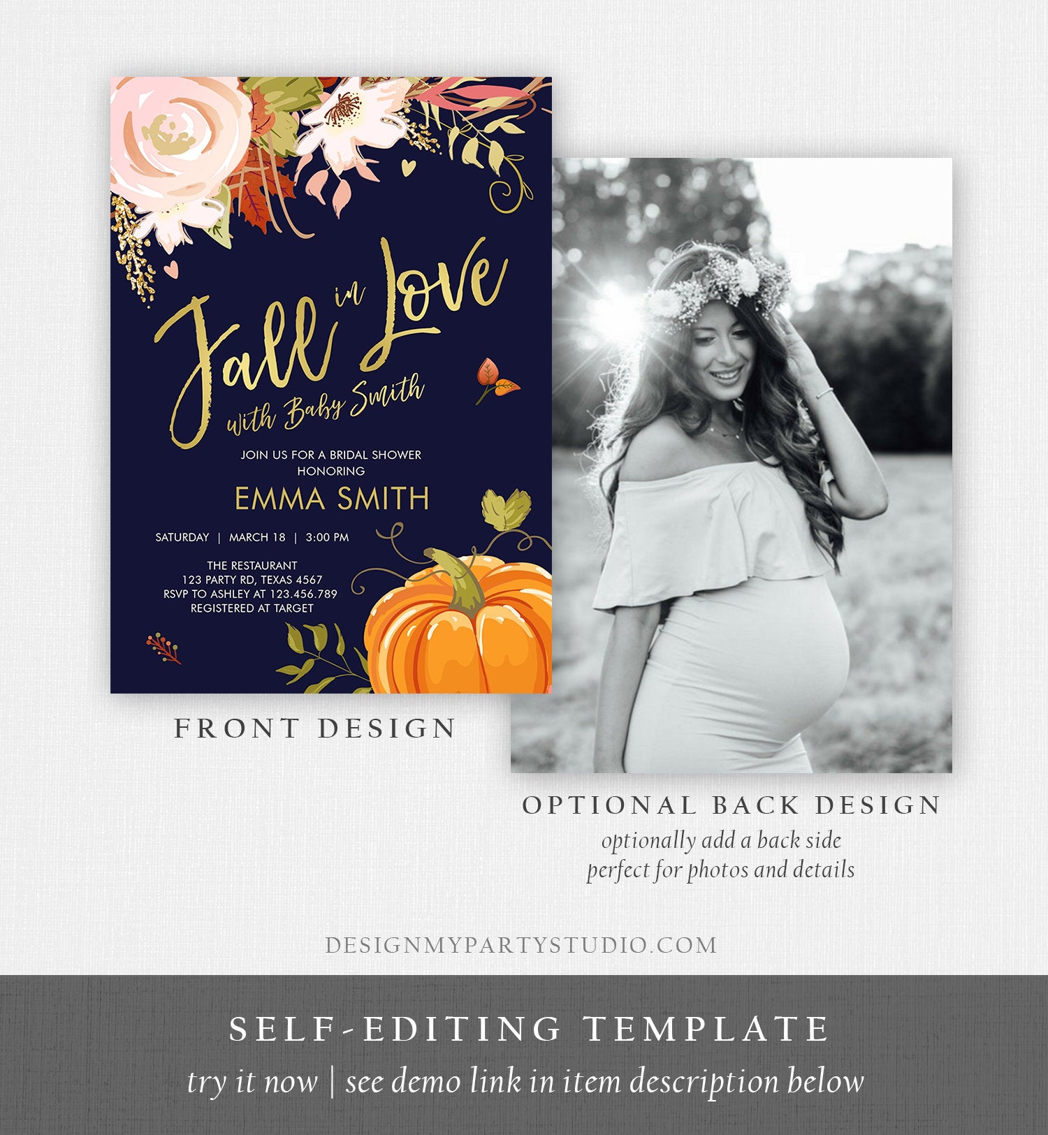 Editable Fall in Love Baby Shower Invitation Pumpkin Autumn Floral Flowers Pink Gold Rustic Party Sprinkle Coed Navy Corjl Template 0176