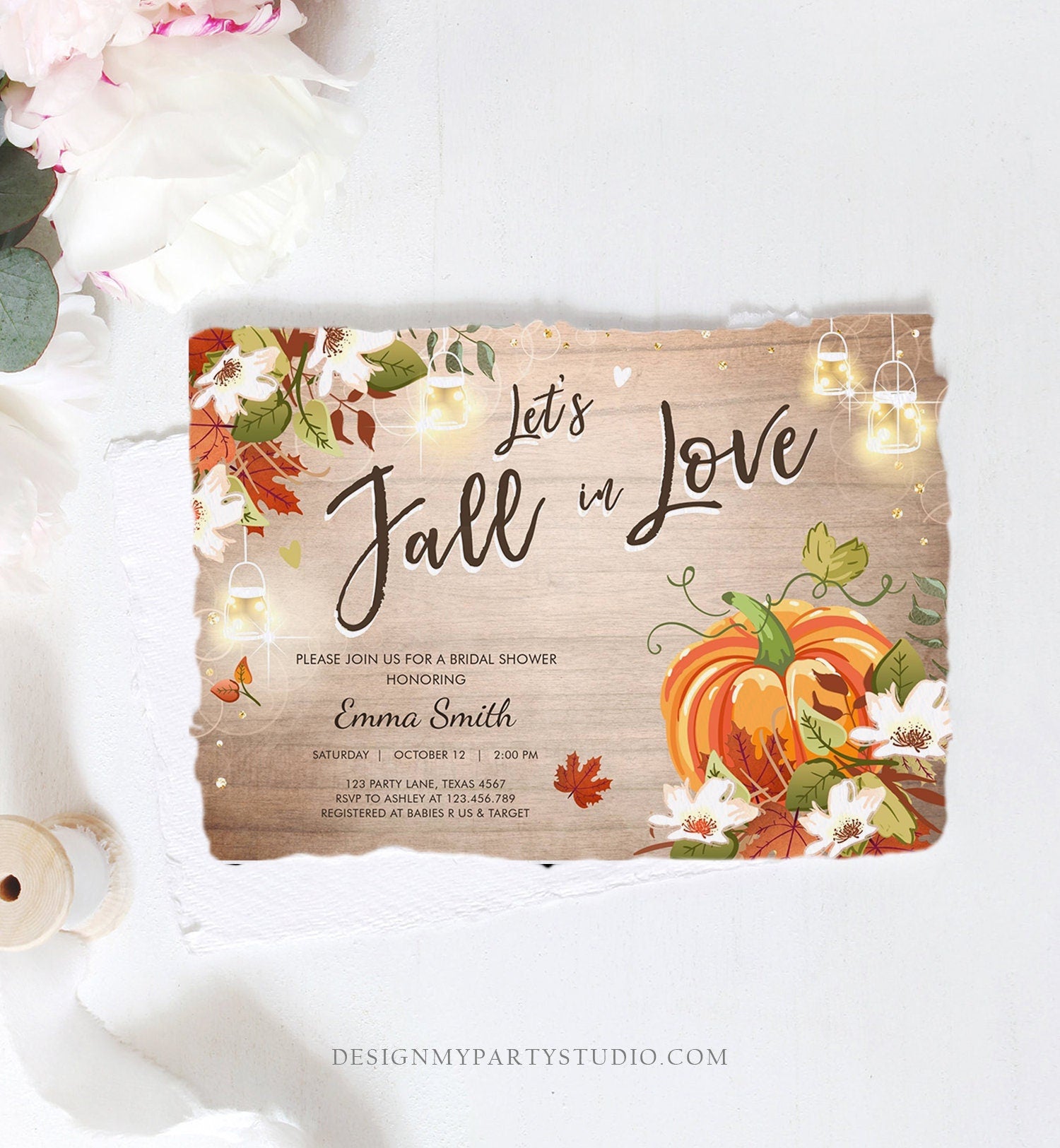 Editable Fall in Love Bridal Shower Invitation Pumpkin Autumn Floral Flowers String Lights Rustic Wood Engagement Corjl Template 0176