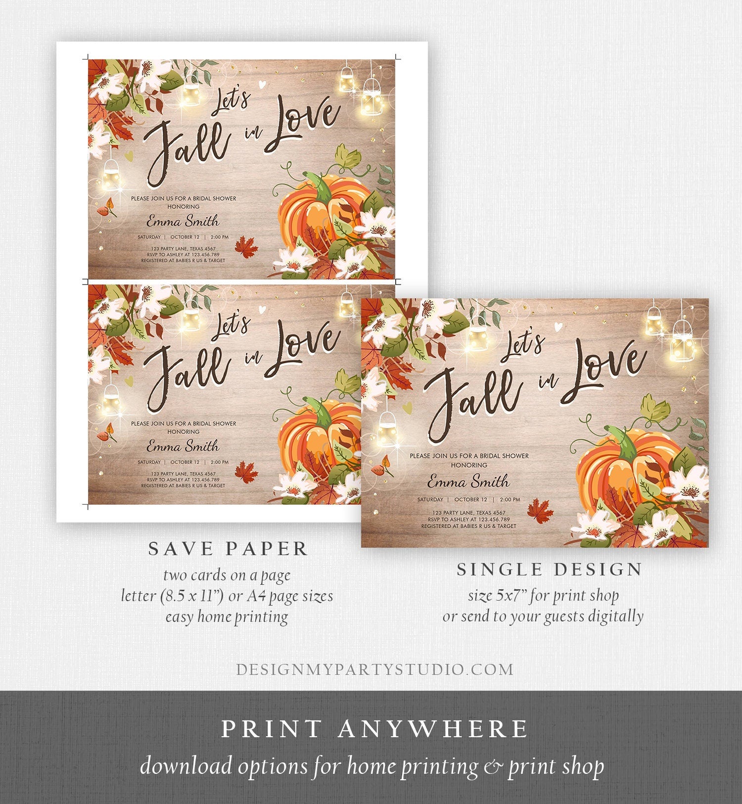 Editable Fall in Love Bridal Shower Invitation Pumpkin Autumn Floral Flowers String Lights Rustic Wood Engagement Corjl Template 0176