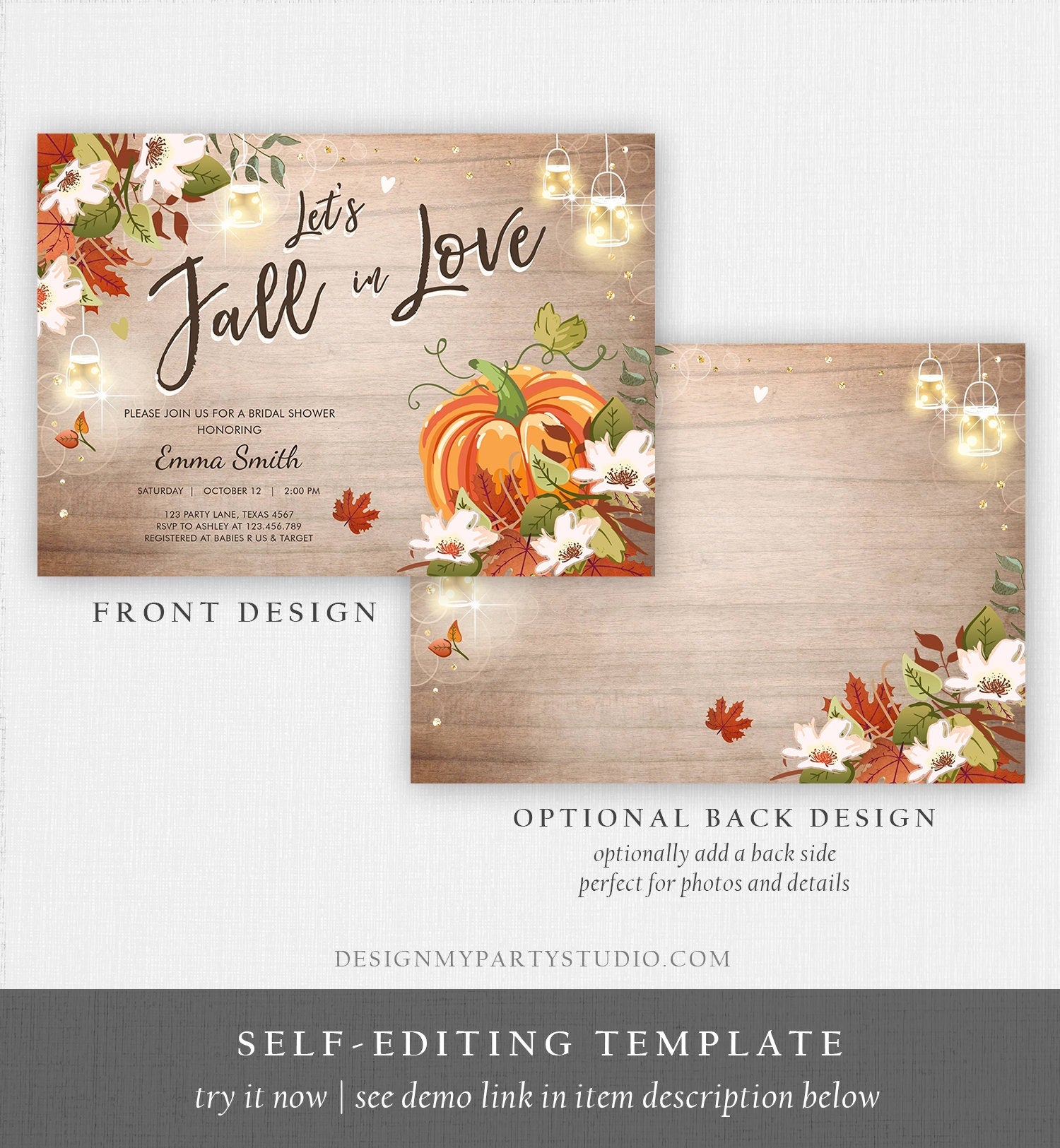 Editable Fall in Love Bridal Shower Invitation Pumpkin Autumn Floral Flowers String Lights Rustic Wood Engagement Corjl Template 0176