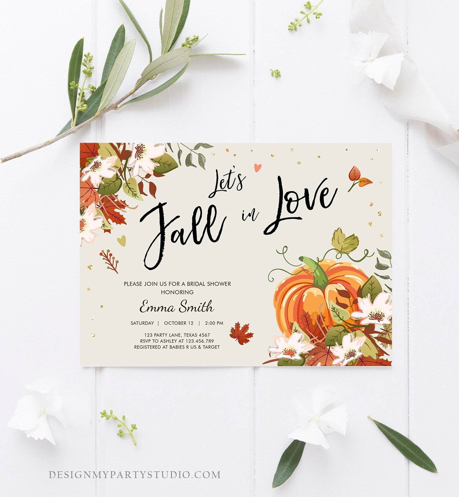 Editable Fall in Love Bridal Shower Invitation Pumpkin Autumn Floral Flowers String Lights Rustic Wood Engagement Corjl Template 0176