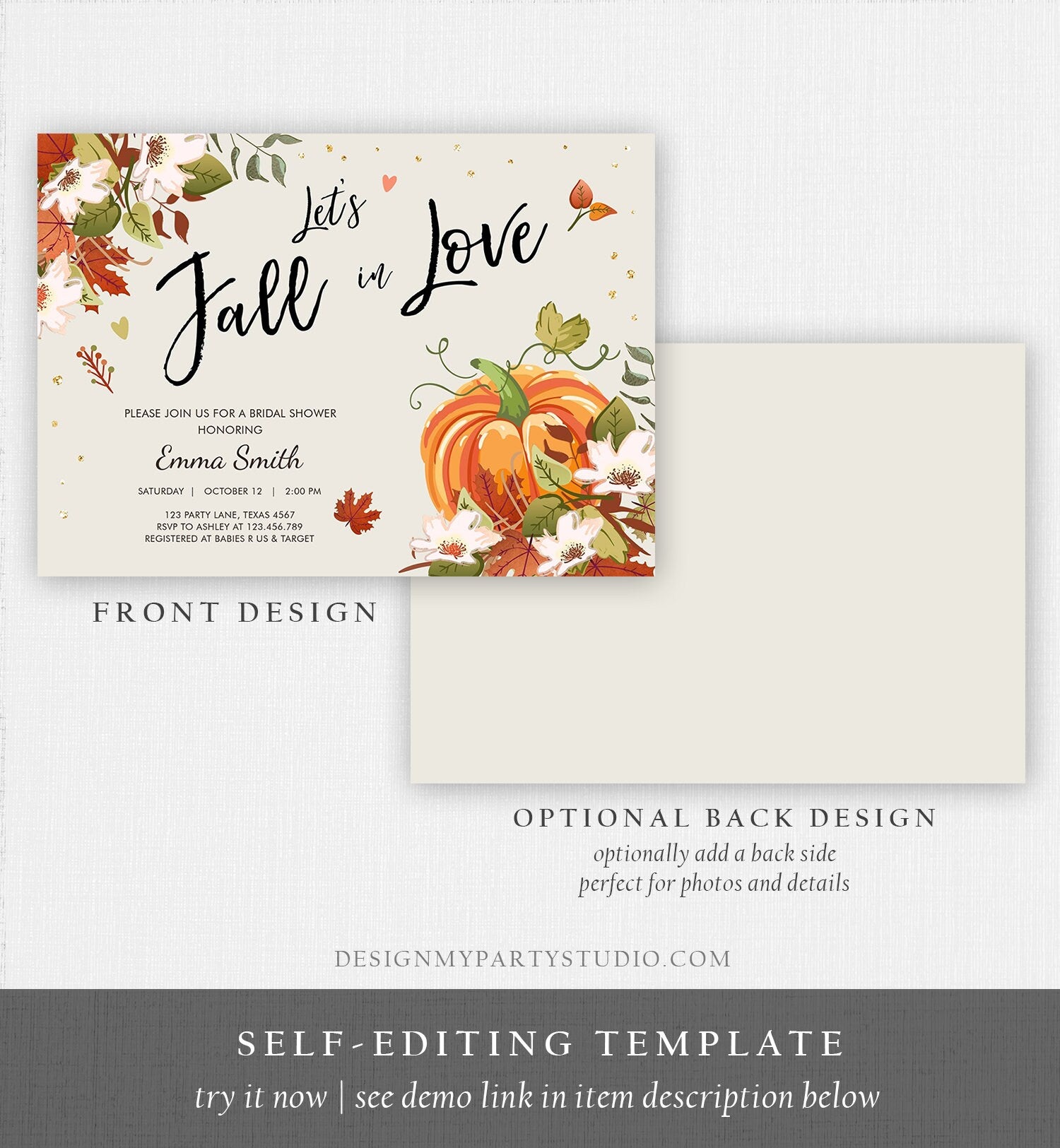 Editable Fall in Love Bridal Shower Invitation Pumpkin Autumn Floral Flowers String Lights Rustic Wood Engagement Corjl Template 0176