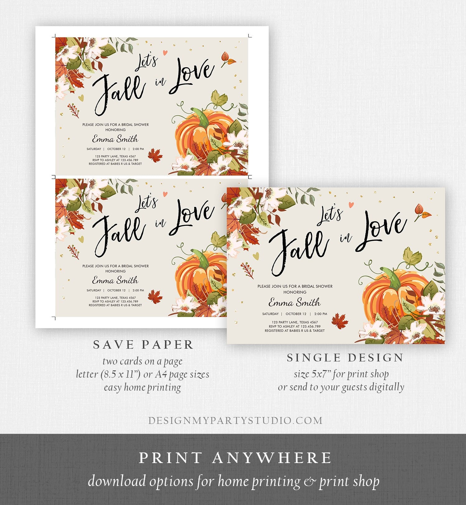 Editable Fall in Love Bridal Shower Invitation Pumpkin Autumn Floral Flowers String Lights Rustic Wood Engagement Corjl Template 0176