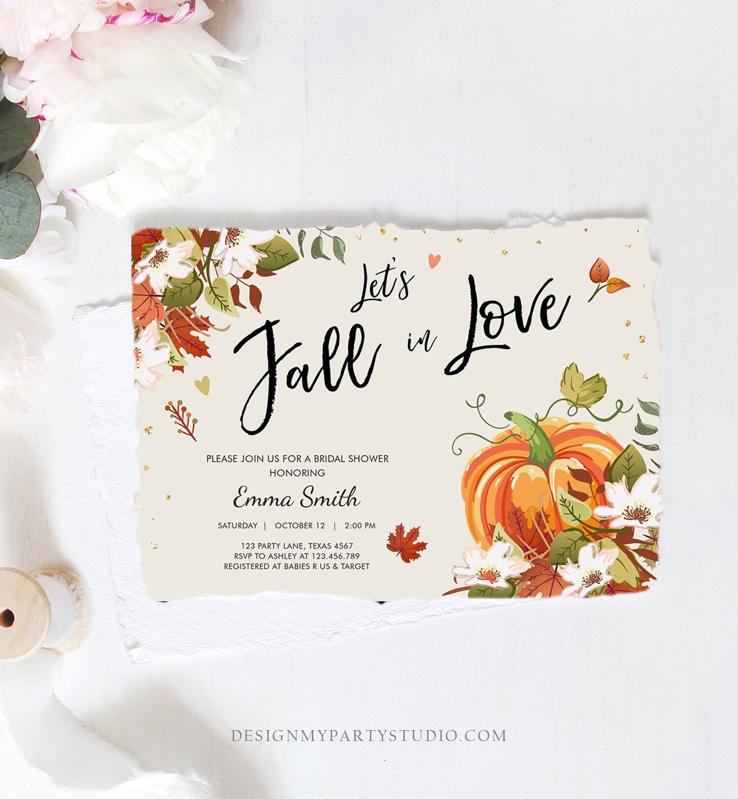 Editable Fall in Love Bridal Shower Invitation Pumpkin Autumn Floral Flowers String Lights Rustic Wood Engagement Corjl Template 0176