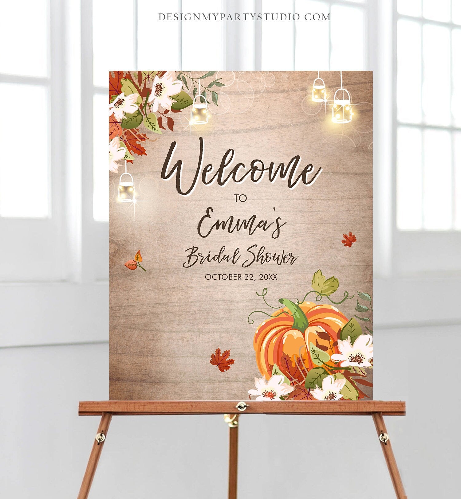 Editable Pumpkin Welcome Sign Fall in Love Autumn Bridal Shower Wedding Baby Shower Birthday Table Sign Rustic Floral Corjl Template 0176