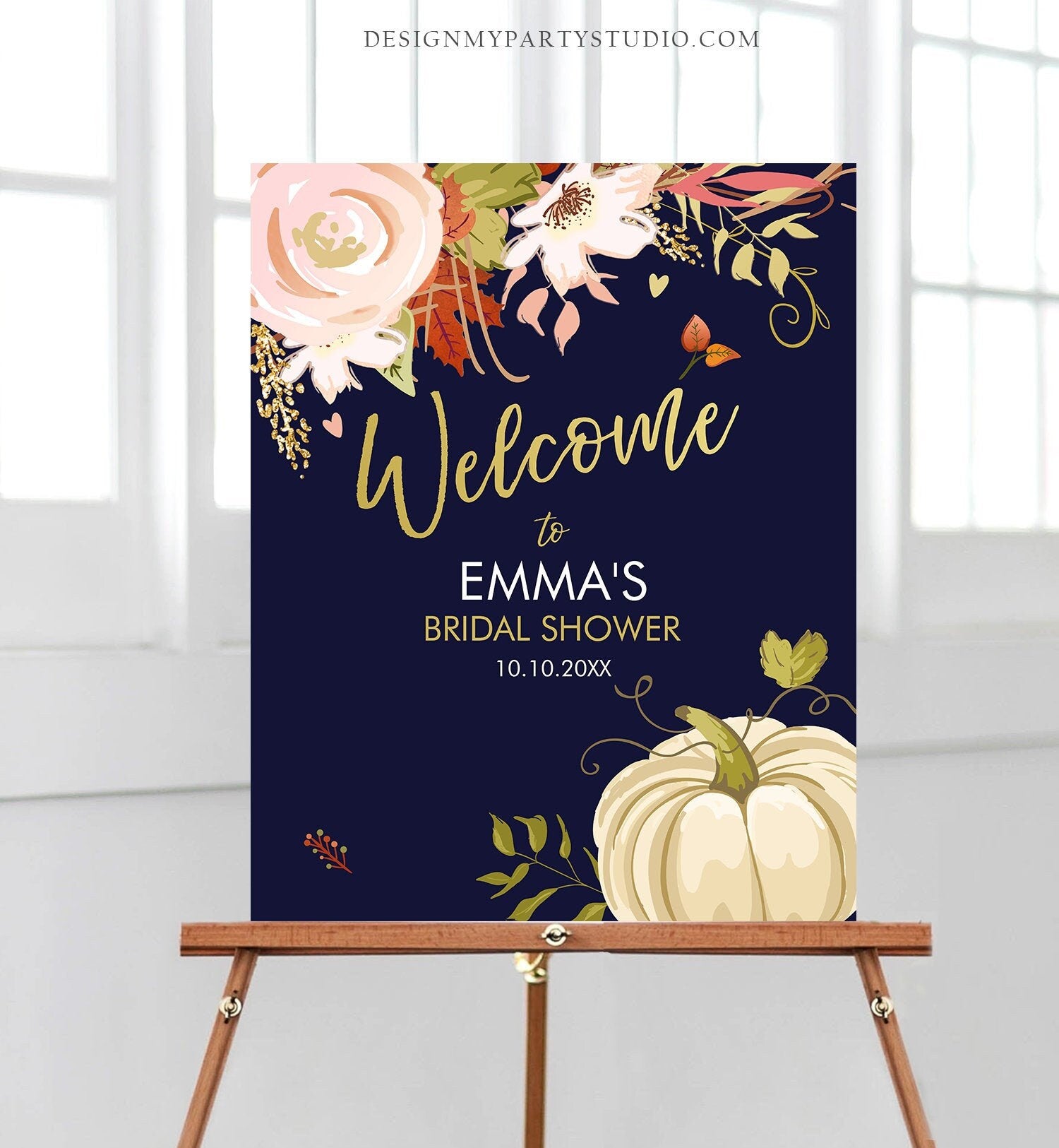 Editable Pumpkin Welcome Sign Fall in Love Autumn Bridal Shower Wedding Baby Shower Birthday Table Sign Rustic Floral Corjl Template 0176