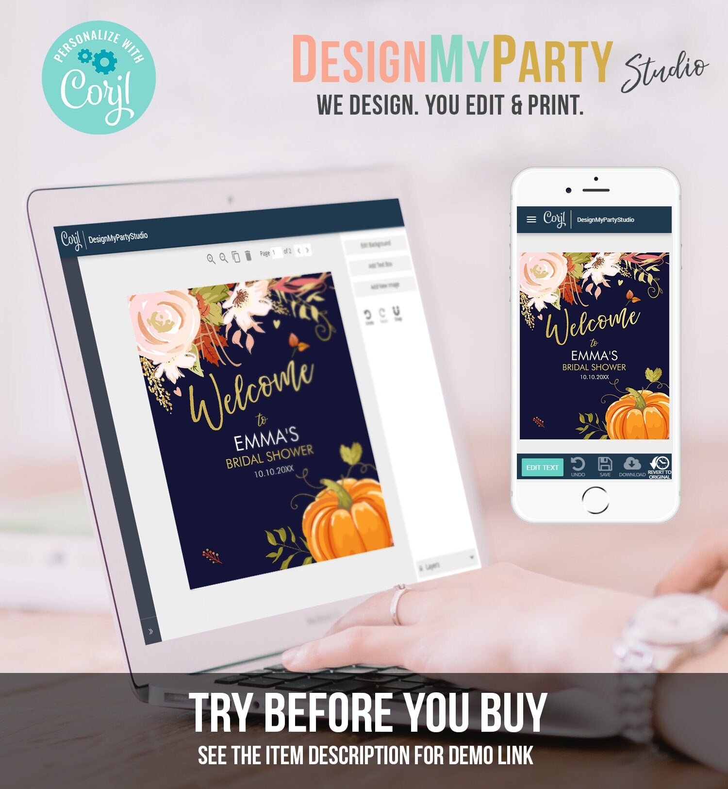 Editable Pumpkin Welcome Sign Fall in Love Autumn Bridal Shower Wedding Baby Shower Birthday Table Sign Rustic Floral Corjl Template 0176