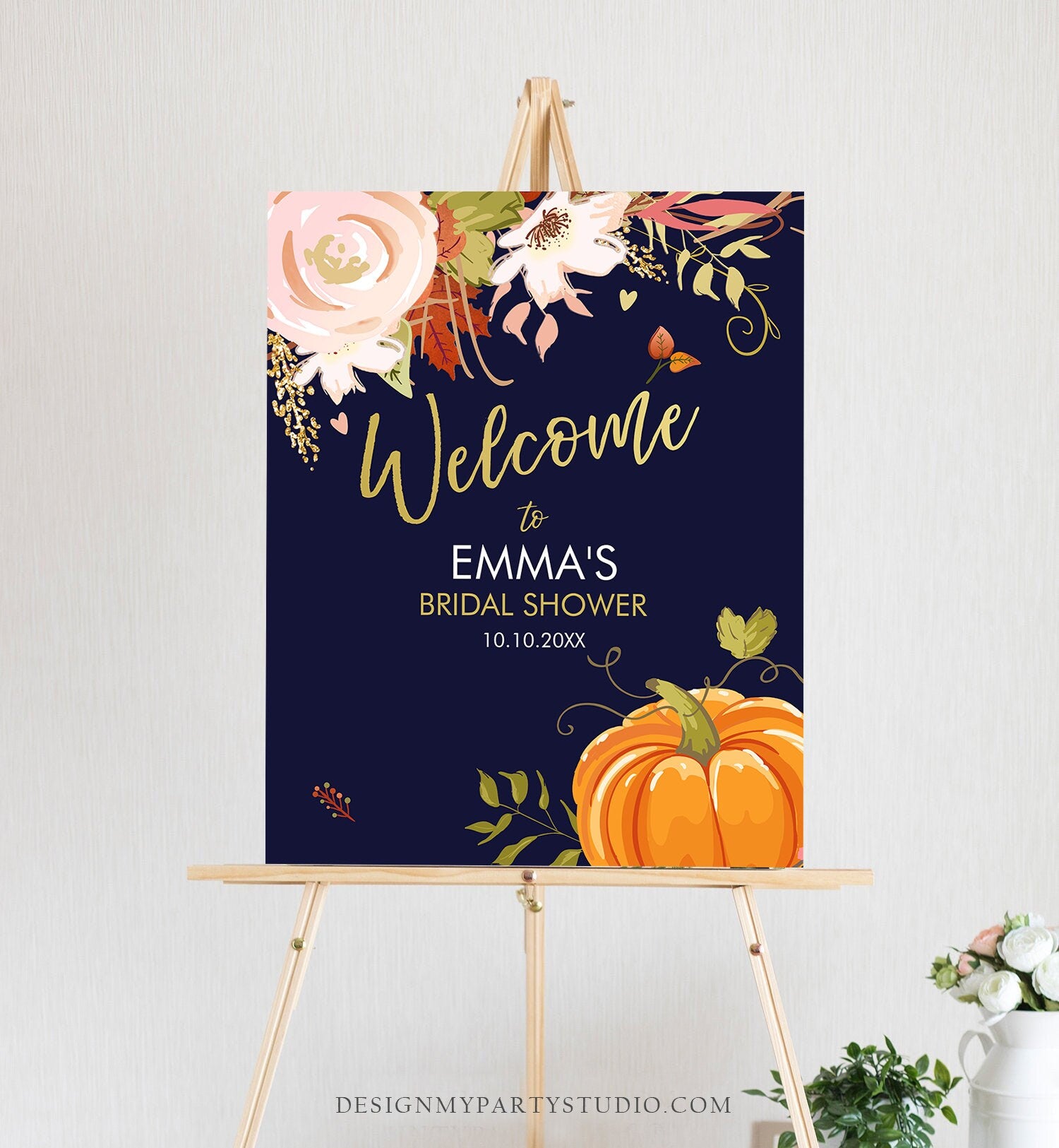 Editable Pumpkin Welcome Sign Fall in Love Autumn Bridal Shower Wedding Baby Shower Birthday Table Sign Rustic Floral Corjl Template 0176