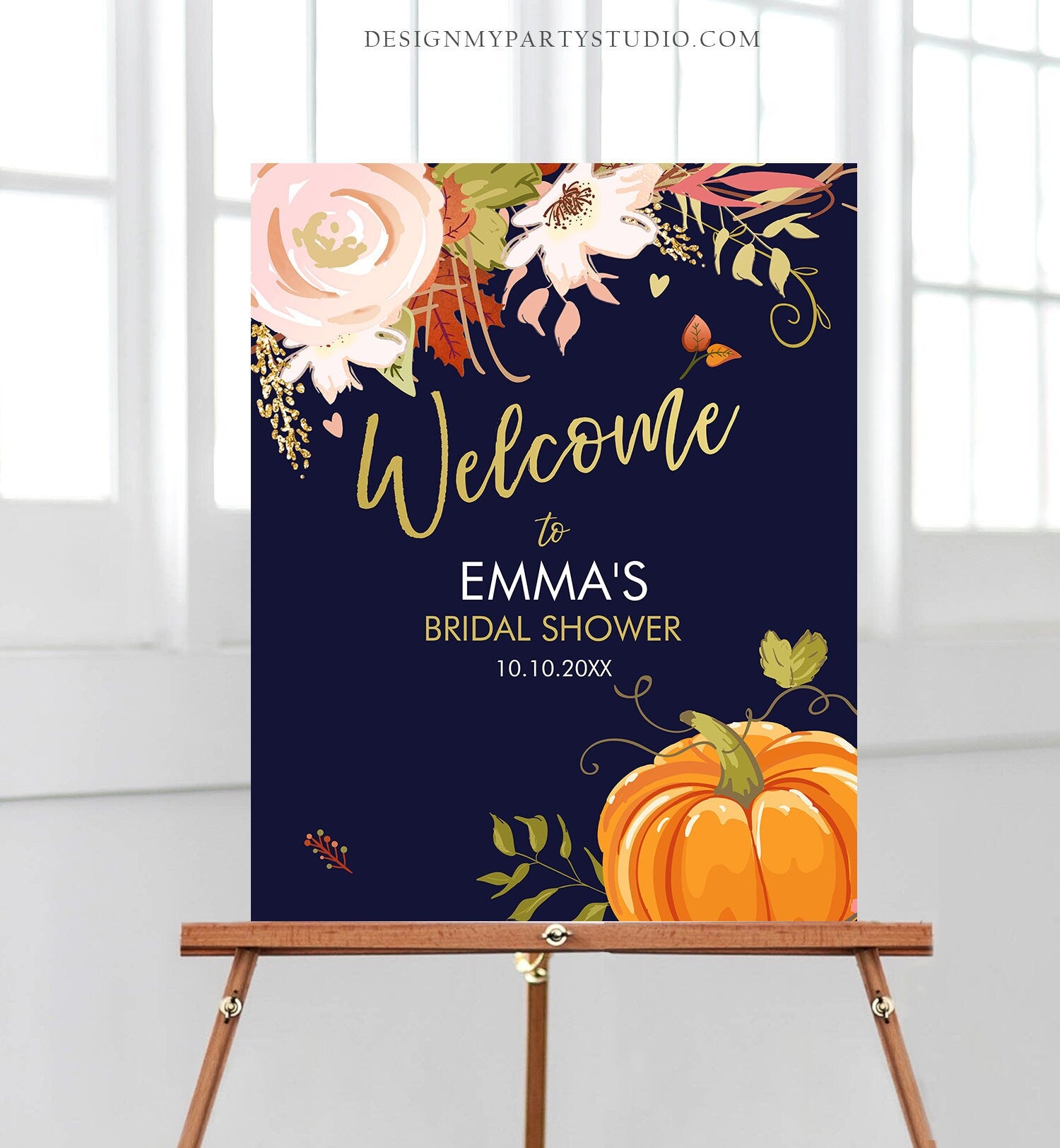 Editable Pumpkin Welcome Sign Fall in Love Autumn Bridal Shower Wedding Baby Shower Birthday Table Sign Rustic Floral Corjl Template 0176