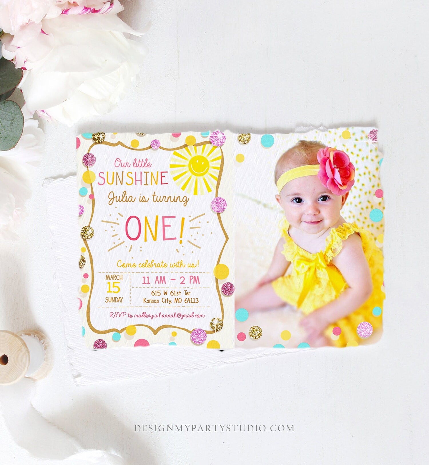 Editable Little Sunshine Birthday Invitation You are My Sunshine Lemonade Girl First Birthday Pink Gold 1st Corjl Template Printable 0097