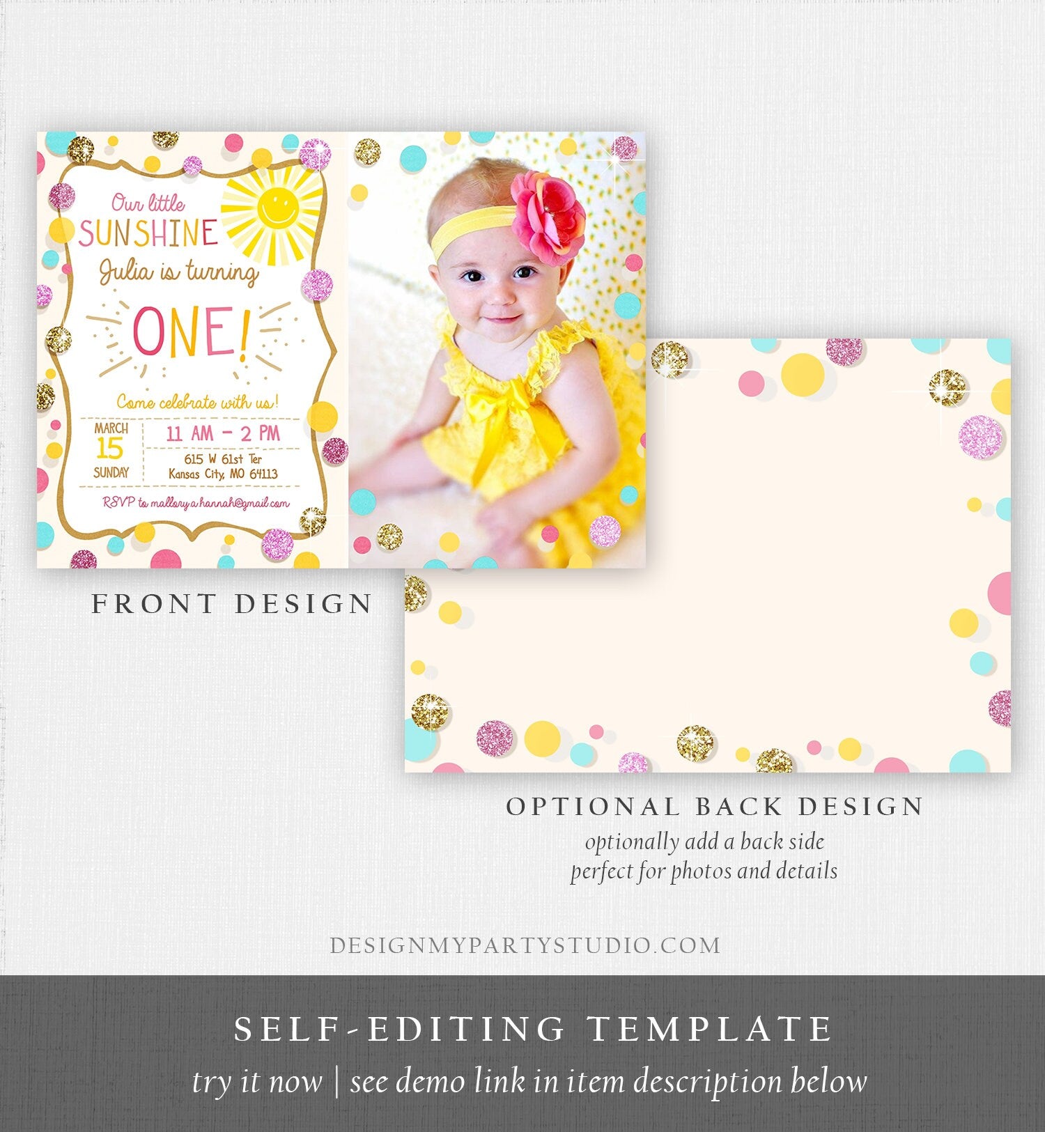 Editable Little Sunshine Birthday Invitation You are My Sunshine Lemonade Girl First Birthday Pink Gold 1st Corjl Template Printable 0097