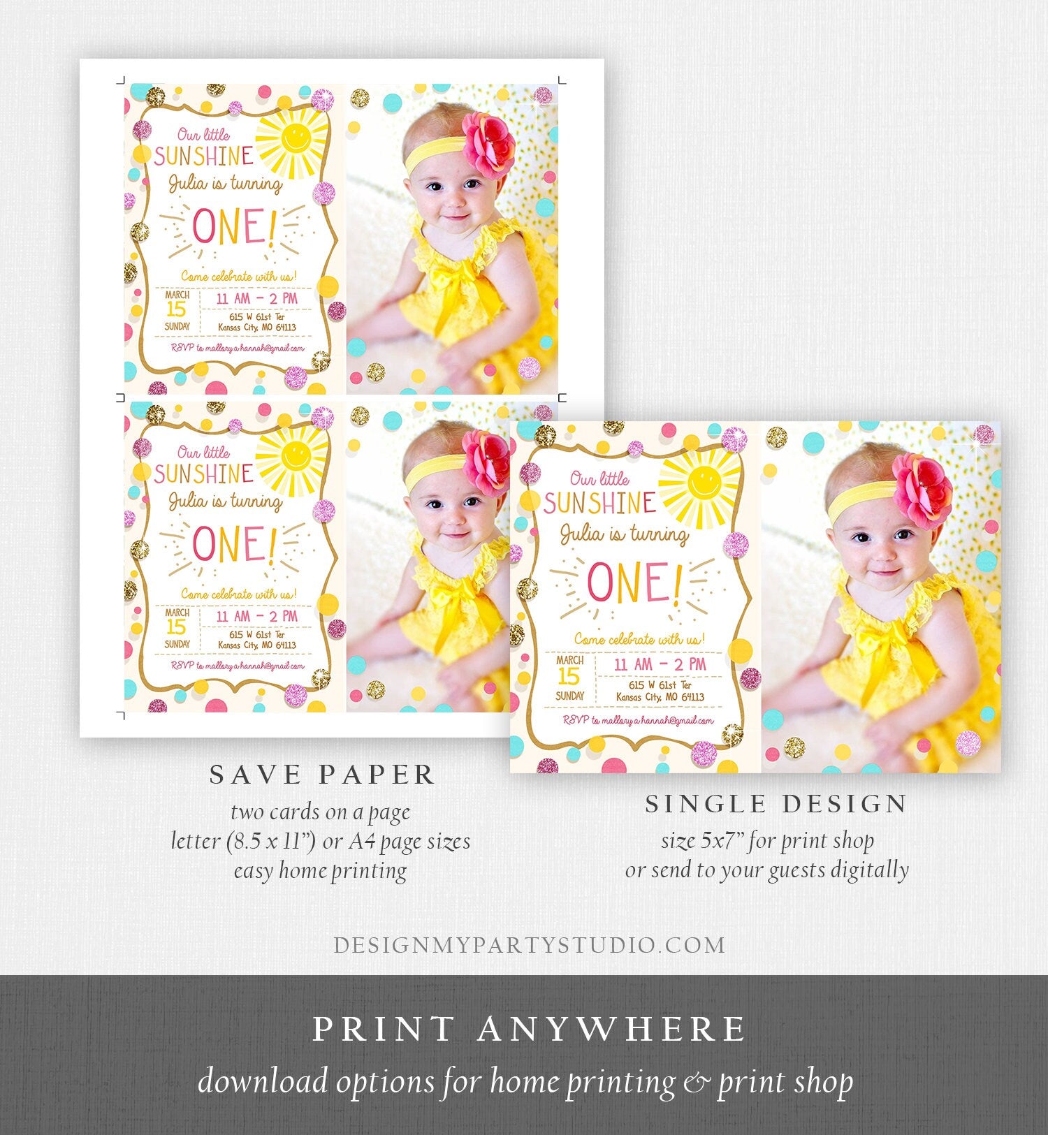 Editable Little Sunshine Birthday Invitation You are My Sunshine Lemonade Girl First Birthday Pink Gold 1st Corjl Template Printable 0097