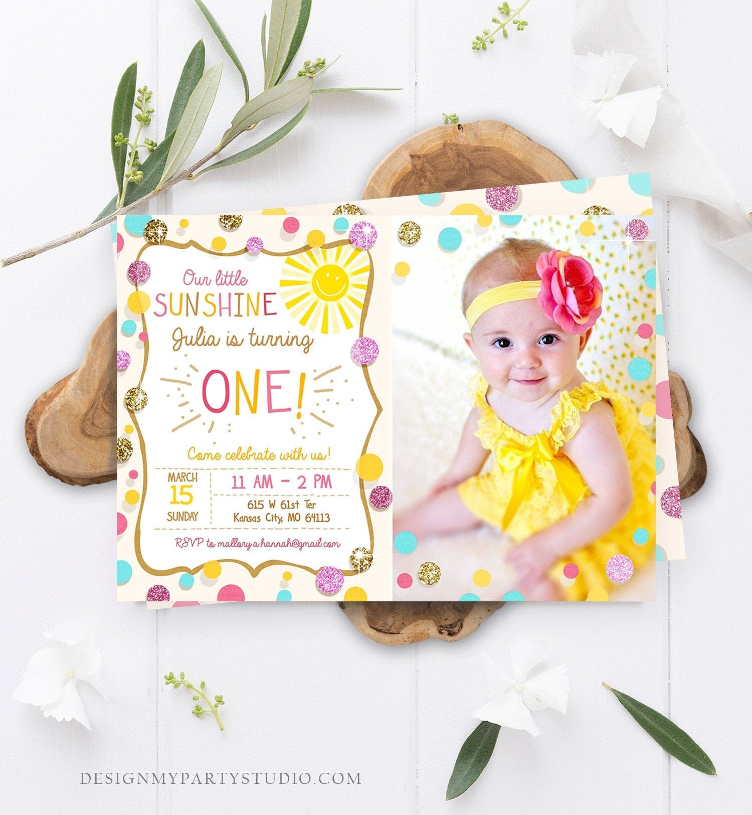 Editable Little Sunshine Birthday Invitation You are My Sunshine Lemonade Girl First Birthday Pink Gold 1st Corjl Template Printable 0097