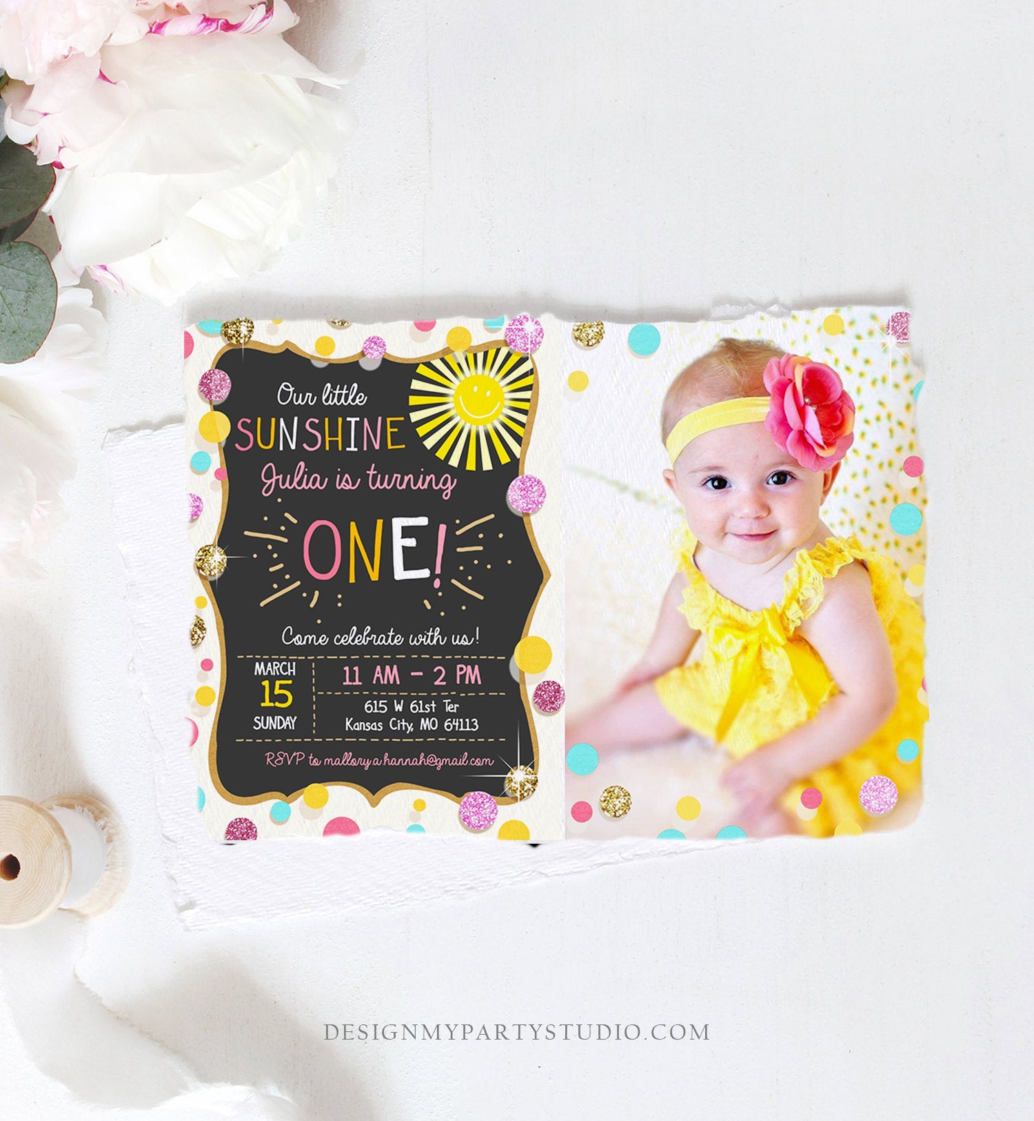 Editable Little Sunshine Birthday Invitation You are My Sunshine Lemonade Girl First Birthday Pink Gold 1st Corjl Template Printable 0097