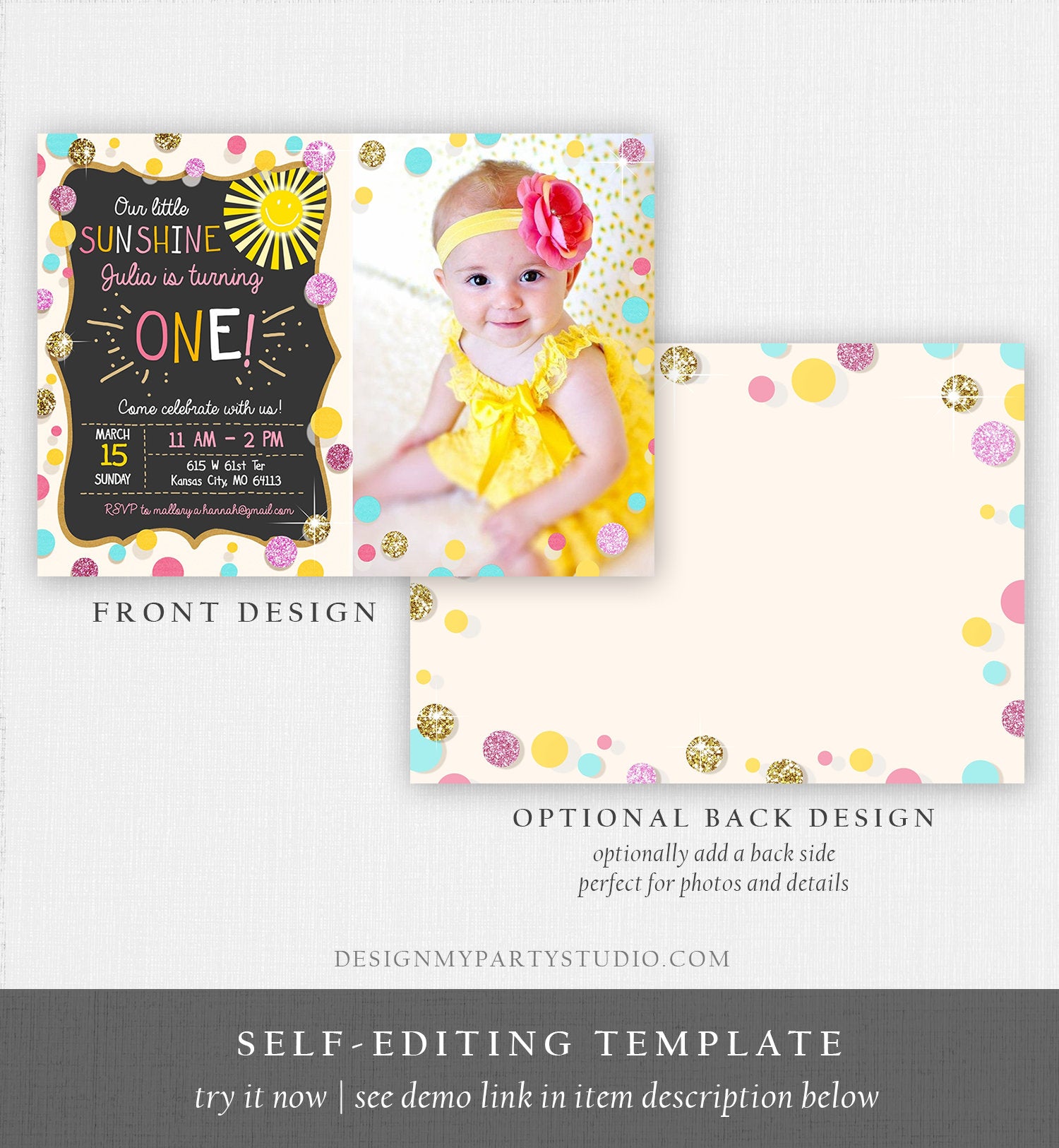 Editable Little Sunshine Birthday Invitation You are My Sunshine Lemonade Girl First Birthday Pink Gold 1st Corjl Template Printable 0097