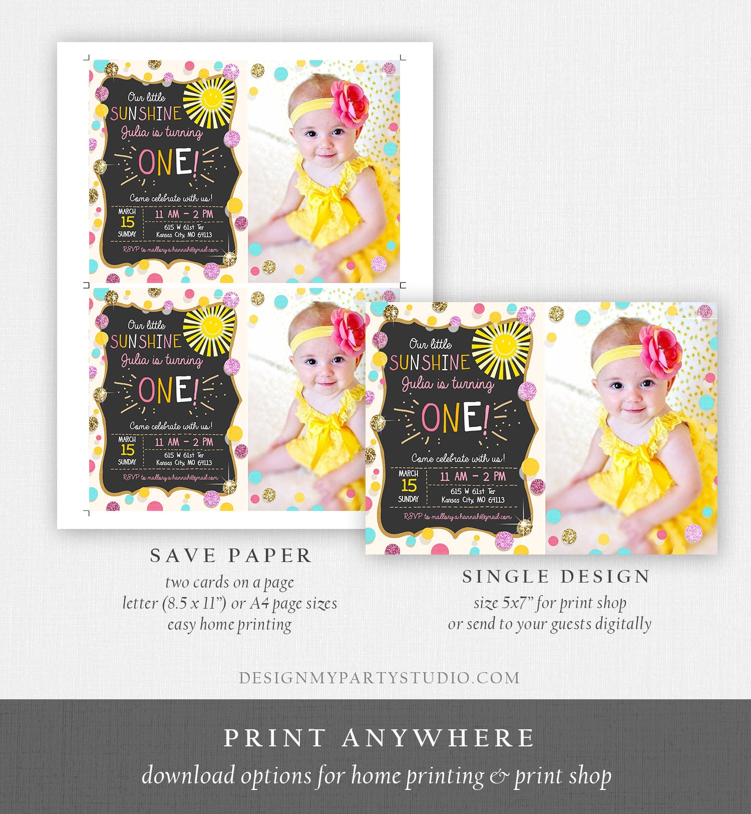 Editable Little Sunshine Birthday Invitation You are My Sunshine Lemonade Girl First Birthday Pink Gold 1st Corjl Template Printable 0097