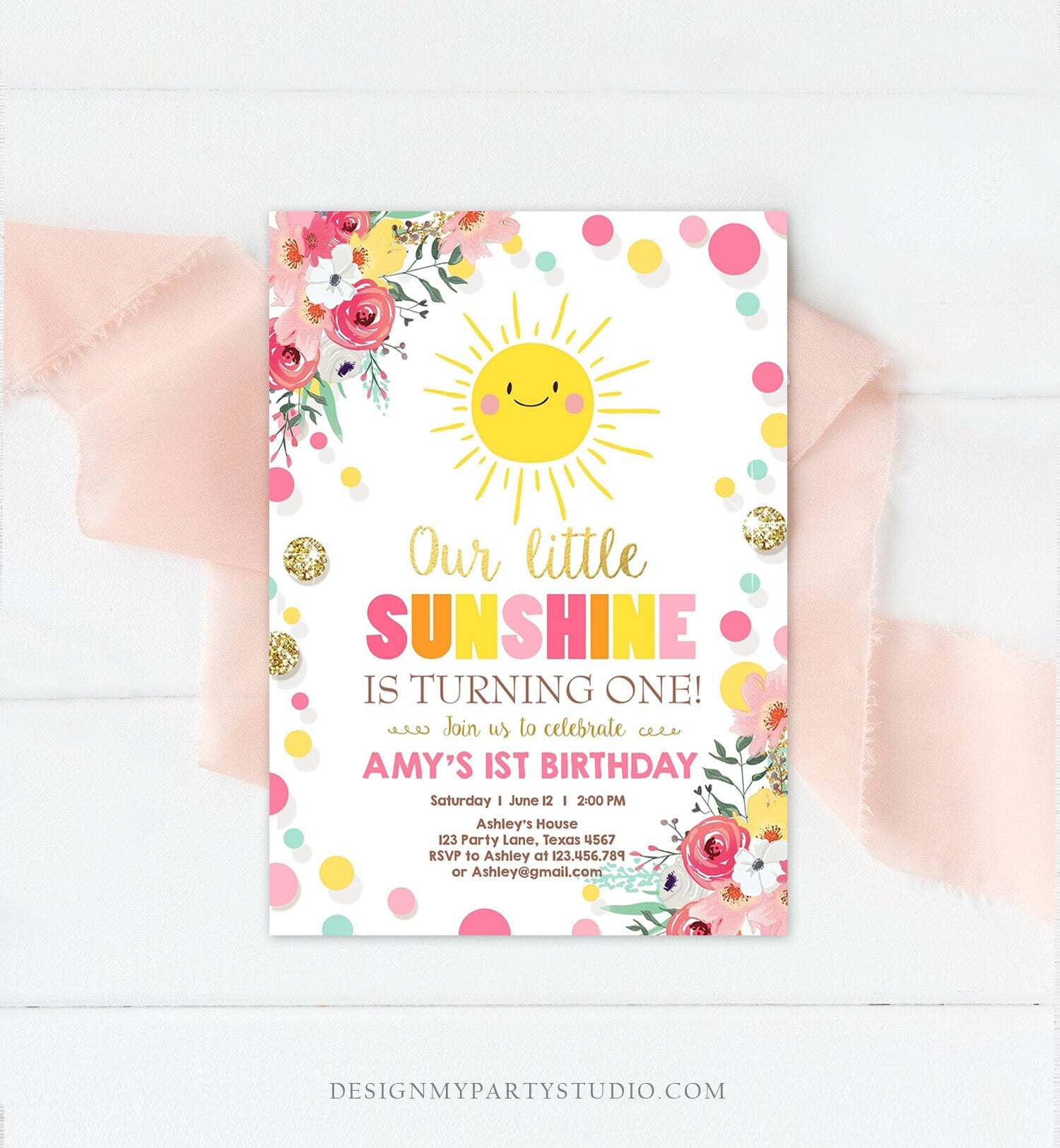 Editable Little Sunshine Birthday Invitation You are My Sunshine Lemonade Girl First Birthday Pink Gold 1st Corjl Template Printable 0244