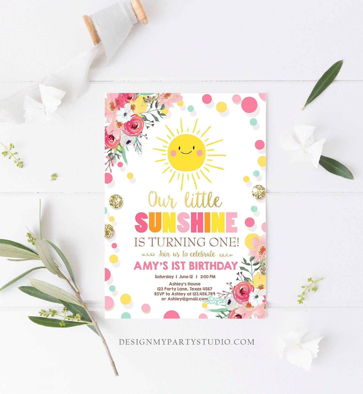 Editable Little Sunshine Birthday Invitation You are My Sunshine Lemonade Girl First Birthday Pink Gold 1st Corjl Template Printable 0244