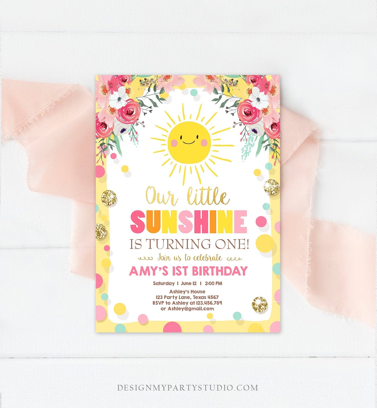 Editable Little Sunshine Birthday Invitation You are My Sunshine Lemonade Girl First Birthday Pink Gold 1st Corjl Template Printable 0244