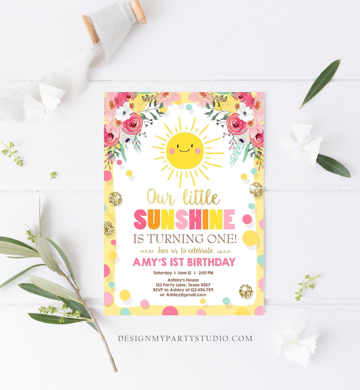 Editable Little Sunshine Birthday Invitation You are My Sunshine Lemonade Girl First Birthday Pink Gold 1st Corjl Template Printable 0244