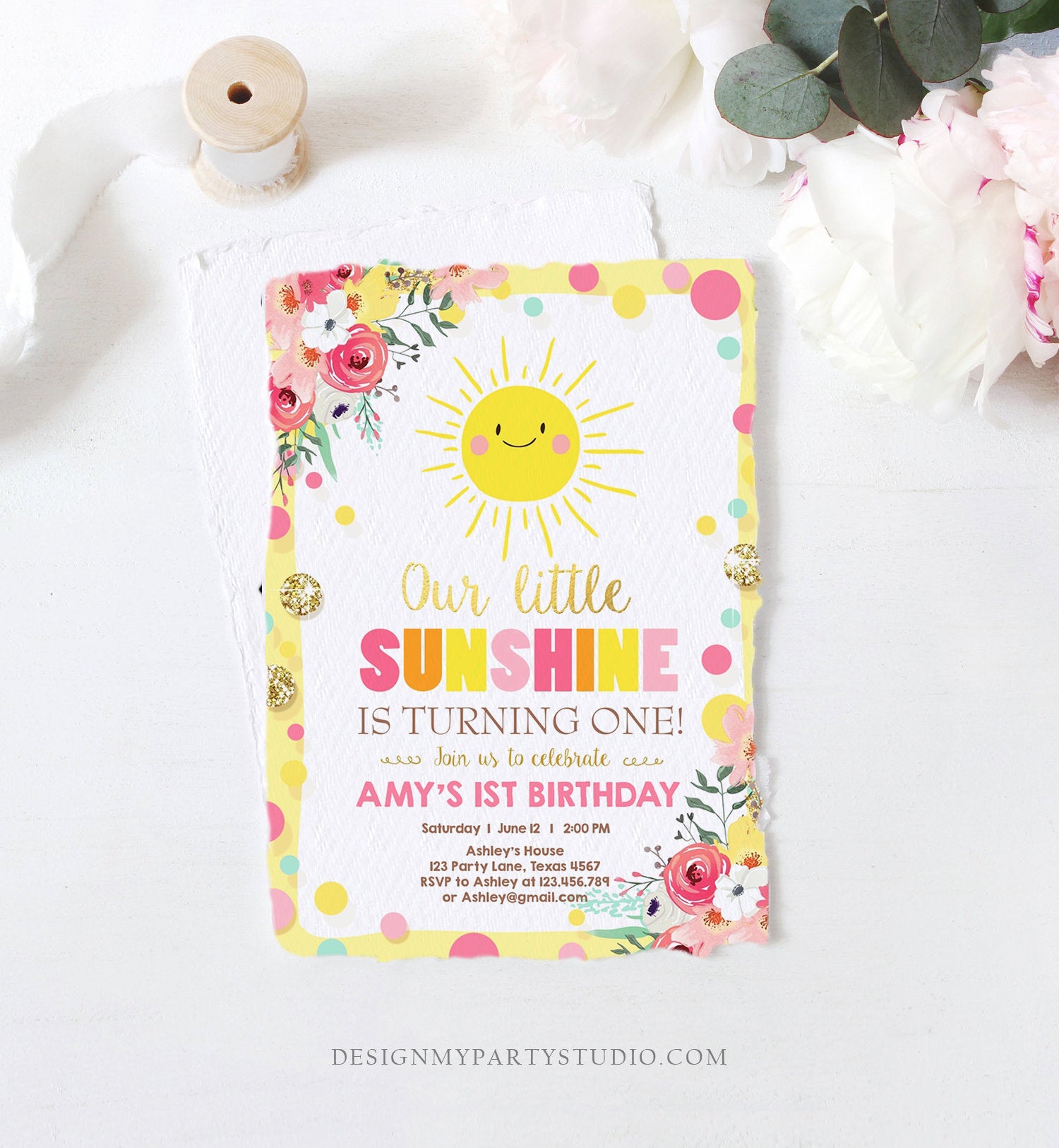 Editable Little Sunshine Birthday Invitation You are My Sunshine Lemonade Girl First Birthday Pink Gold 1st Corjl Template Printable 0244