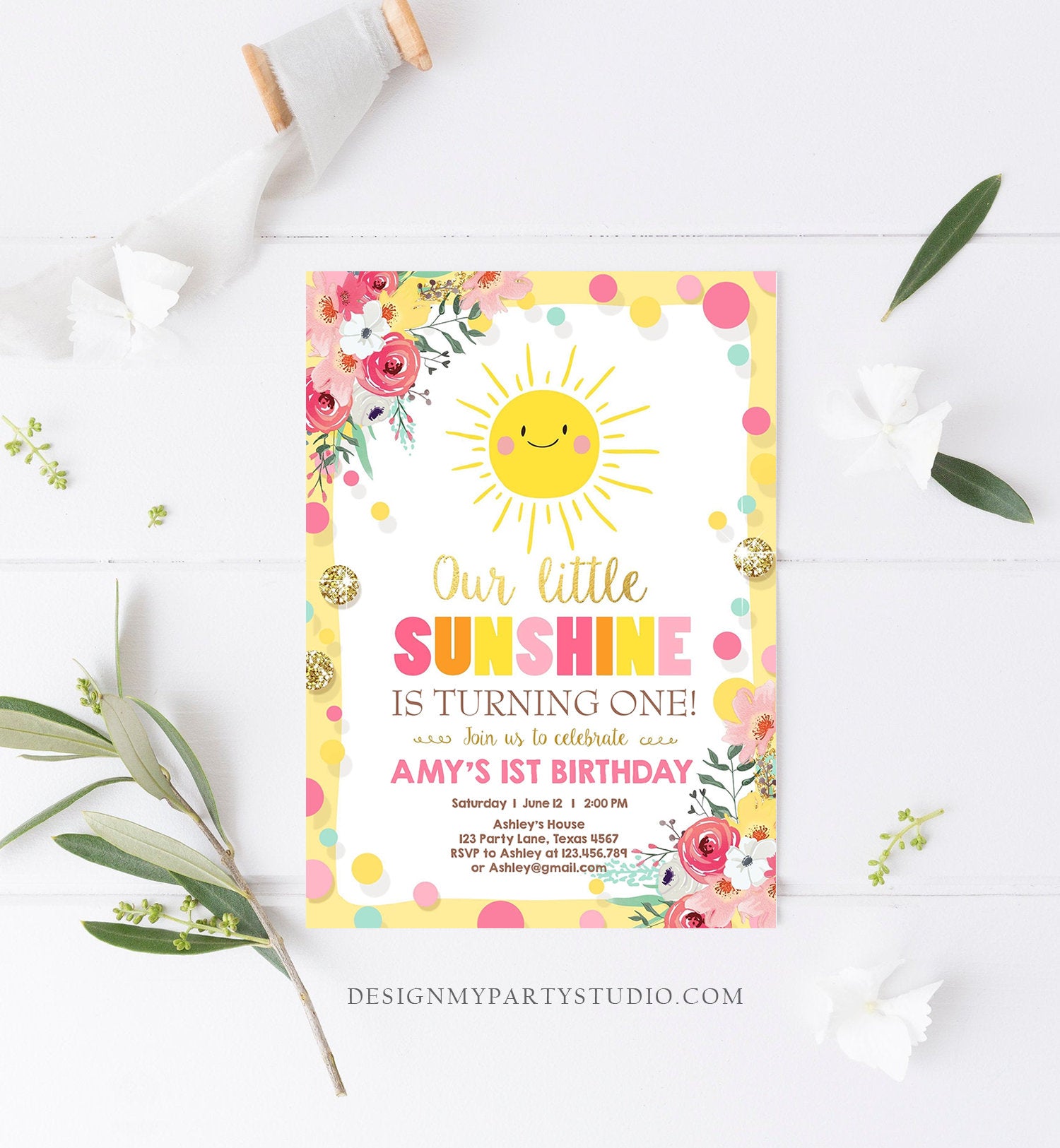 Editable Little Sunshine Birthday Invitation You are My Sunshine Lemonade Girl First Birthday Pink Gold 1st Corjl Template Printable 0244