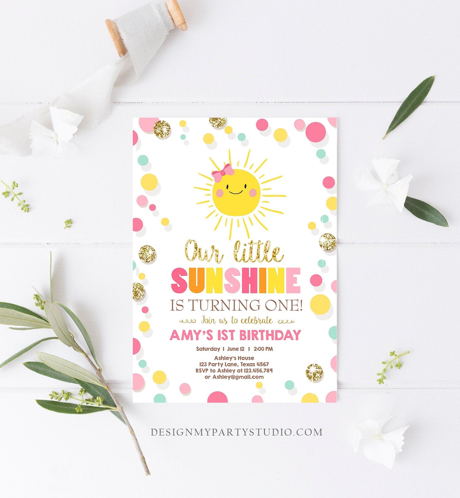 Editable Little Sunshine Birthday Invitation You are My Sunshine Lemonade Girl First Birthday Pink Gold 1st Corjl Template Printable 0244