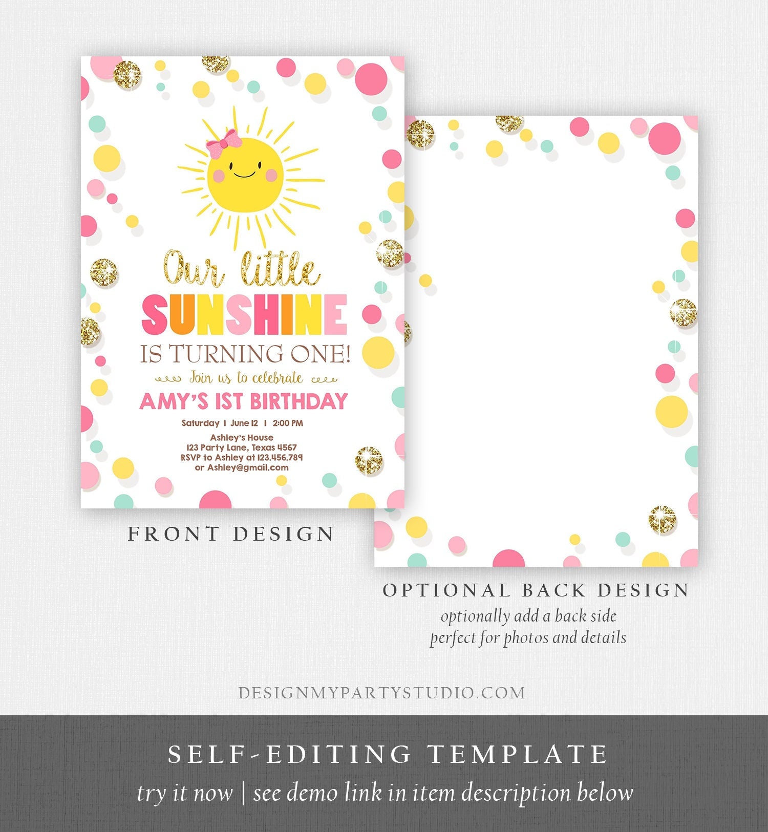 Editable Little Sunshine Birthday Invitation You are My Sunshine Lemonade Girl First Birthday Pink Gold 1st Corjl Template Printable 0244