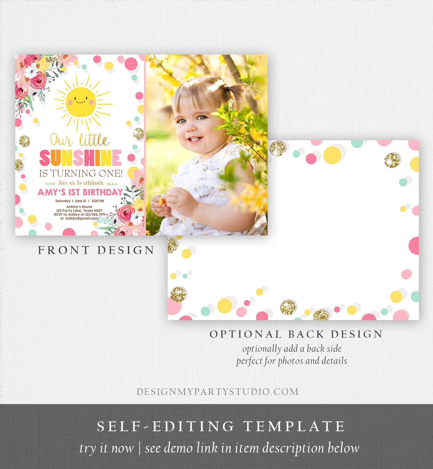 Editable Little Sunshine Birthday Invitation You are My Sunshine Lemonade Girl First Birthday Pink Gold 1st Corjl Template Printable 0244