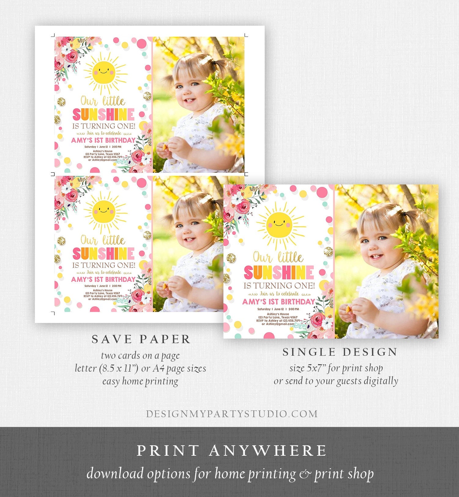 Editable Little Sunshine Birthday Invitation You are My Sunshine Lemonade Girl First Birthday Pink Gold 1st Corjl Template Printable 0244