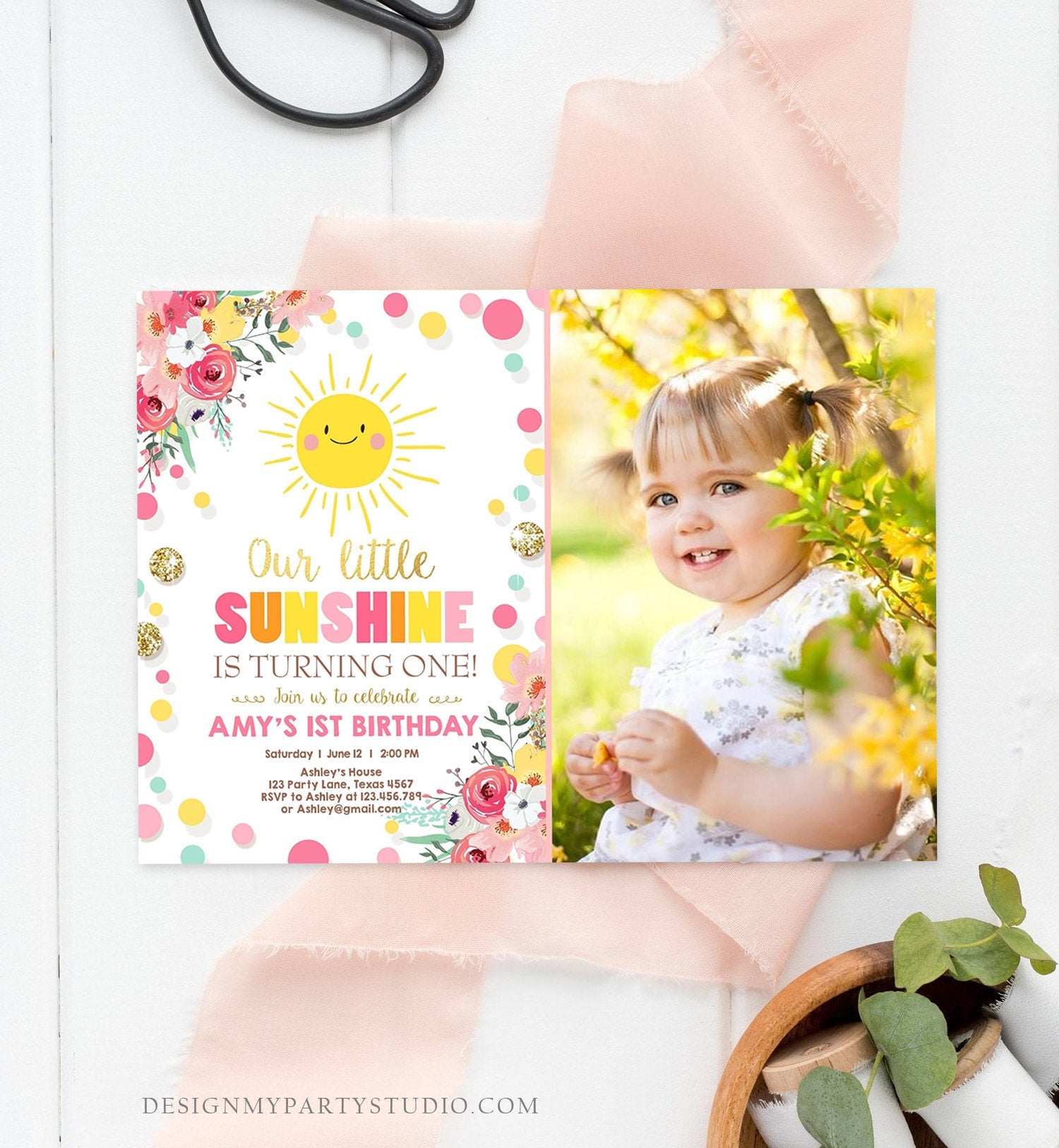 Editable Little Sunshine Birthday Invitation You are My Sunshine Lemonade Girl First Birthday Pink Gold 1st Corjl Template Printable 0244