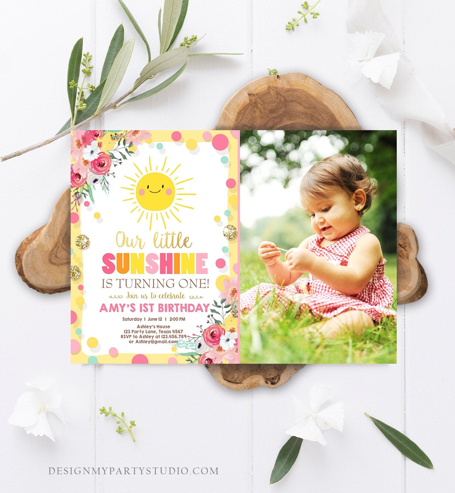 Editable Little Sunshine Birthday Invitation You are My Sunshine Lemonade Girl First Birthday Pink Gold 1st Corjl Template Printable 0244