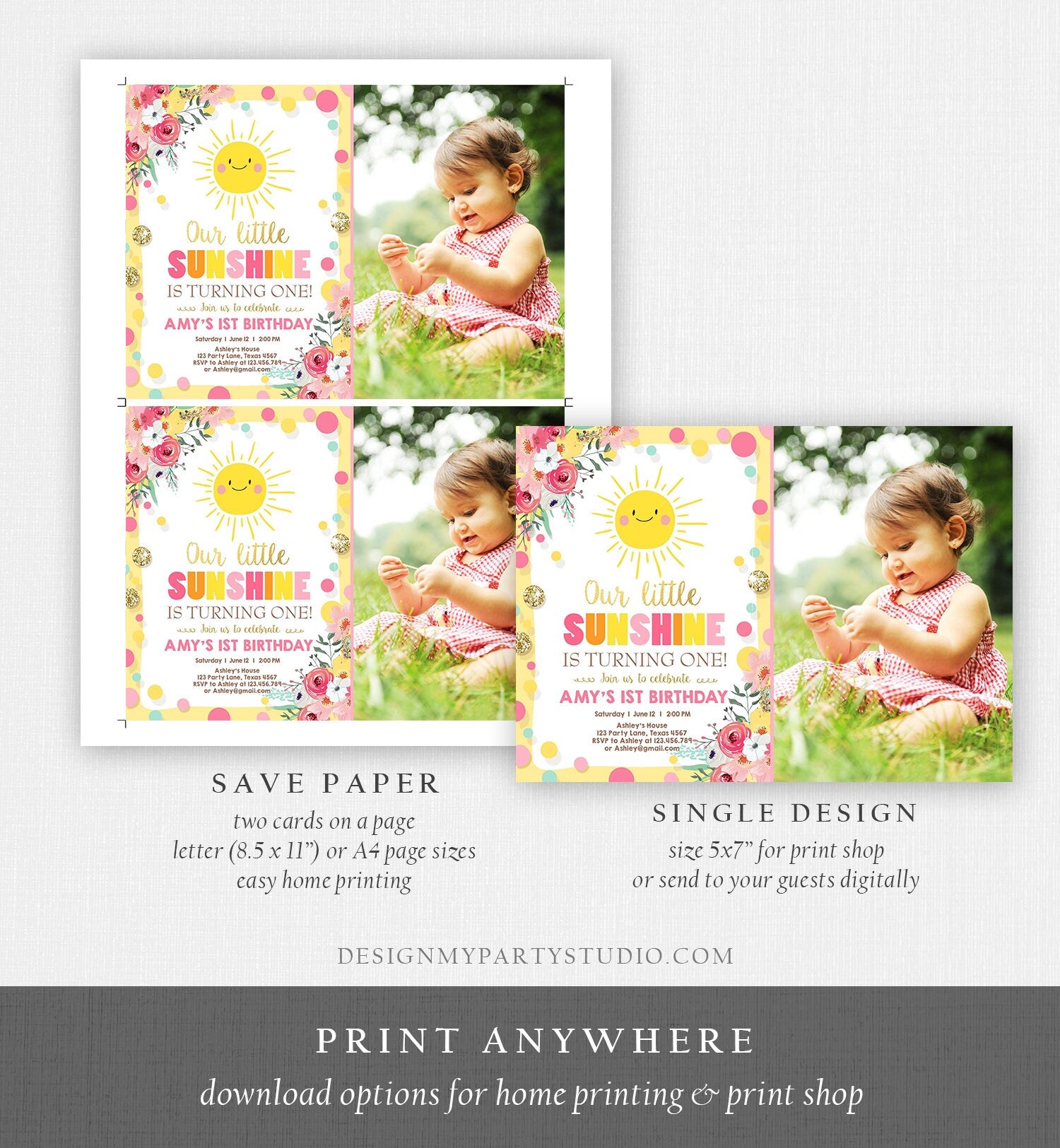 Editable Little Sunshine Birthday Invitation You are My Sunshine Lemonade Girl First Birthday Pink Gold 1st Corjl Template Printable 0244